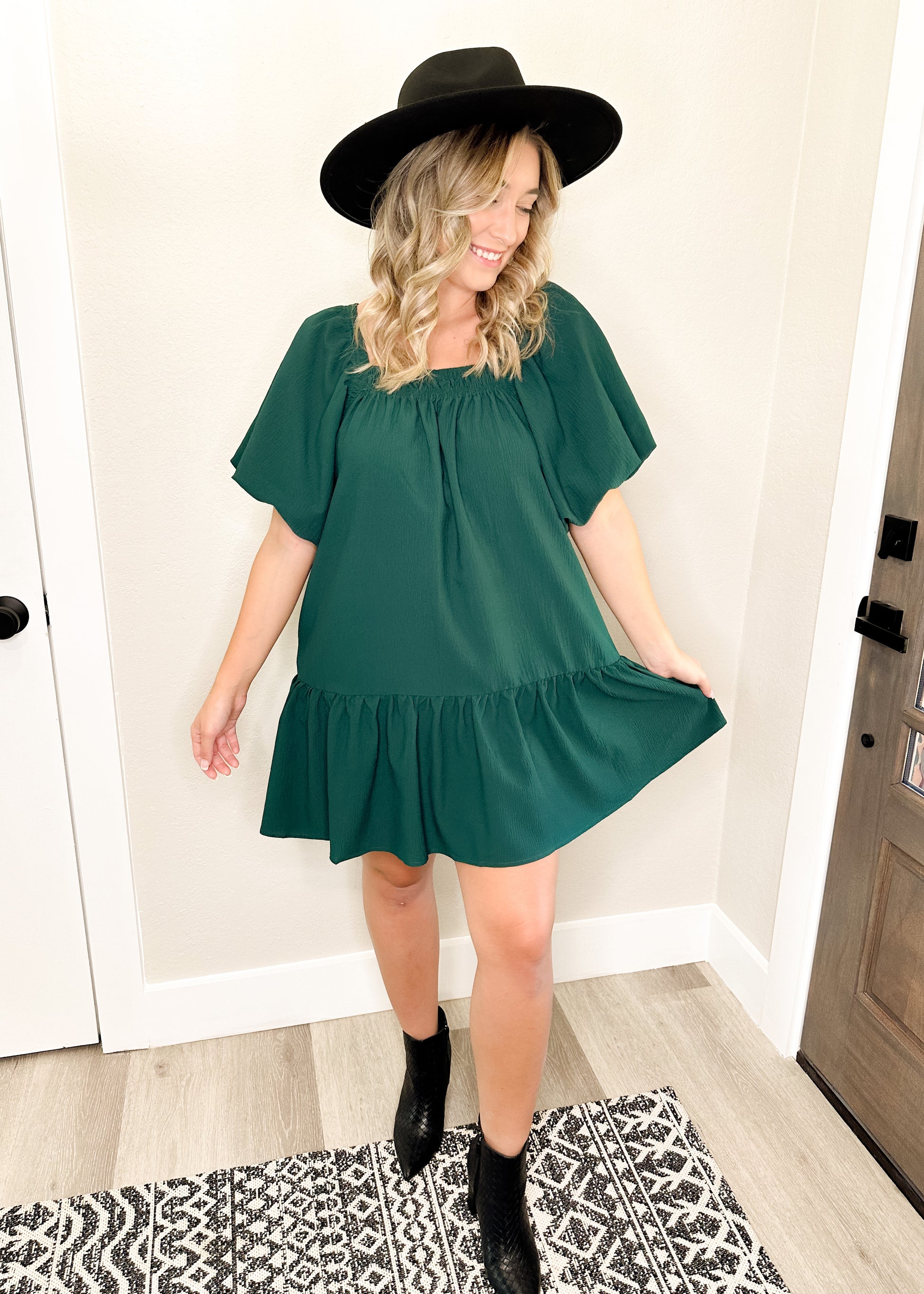 Hunter Green Puff Sleeve Square Neckline Dress