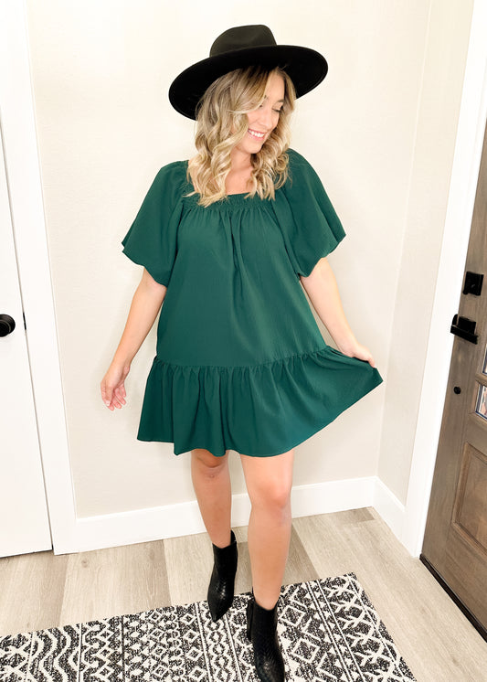 Hunter Green Puff Sleeve Square Neckline Dress