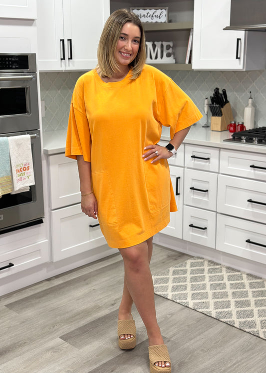 Orange Oversized Pocket T-Shirt Dress