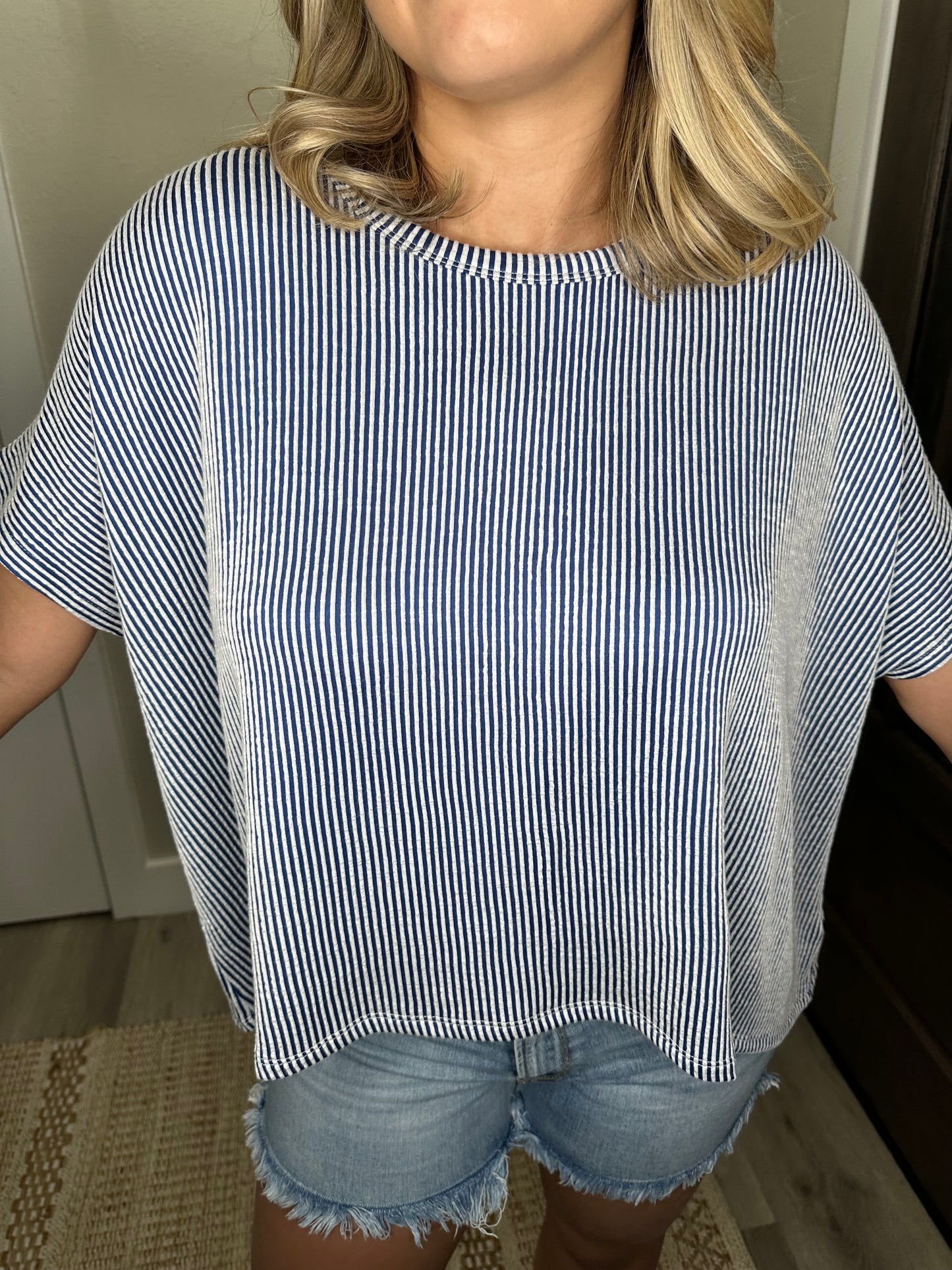 Light Navy & White Striped Oversized Short Sleeve Top