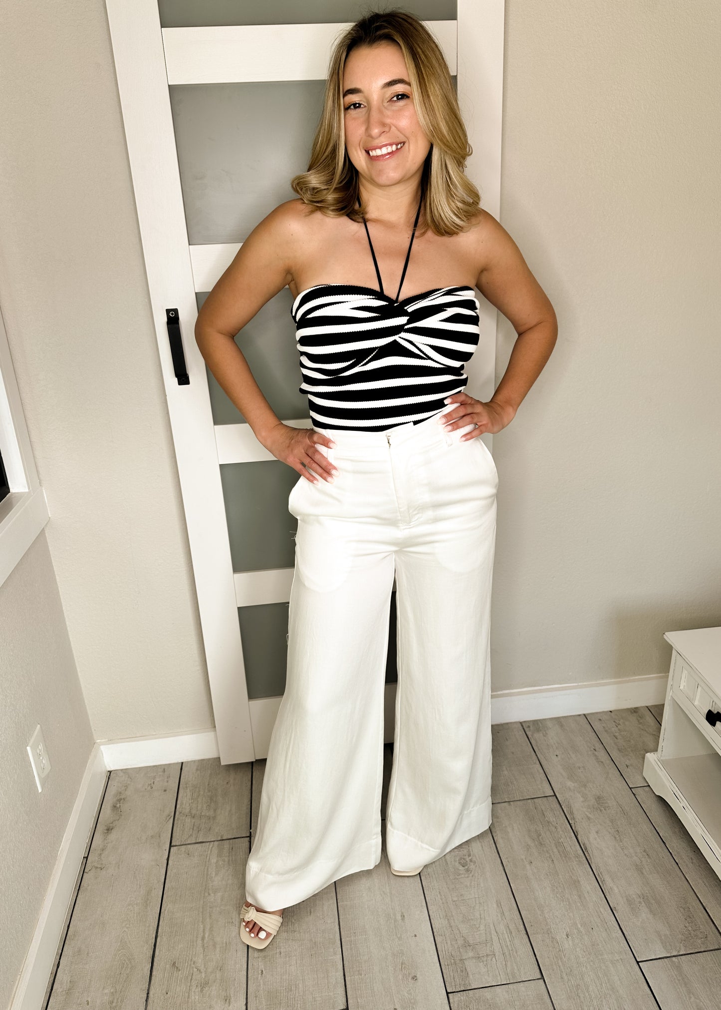 White High Waisted Elastic Back Pants
