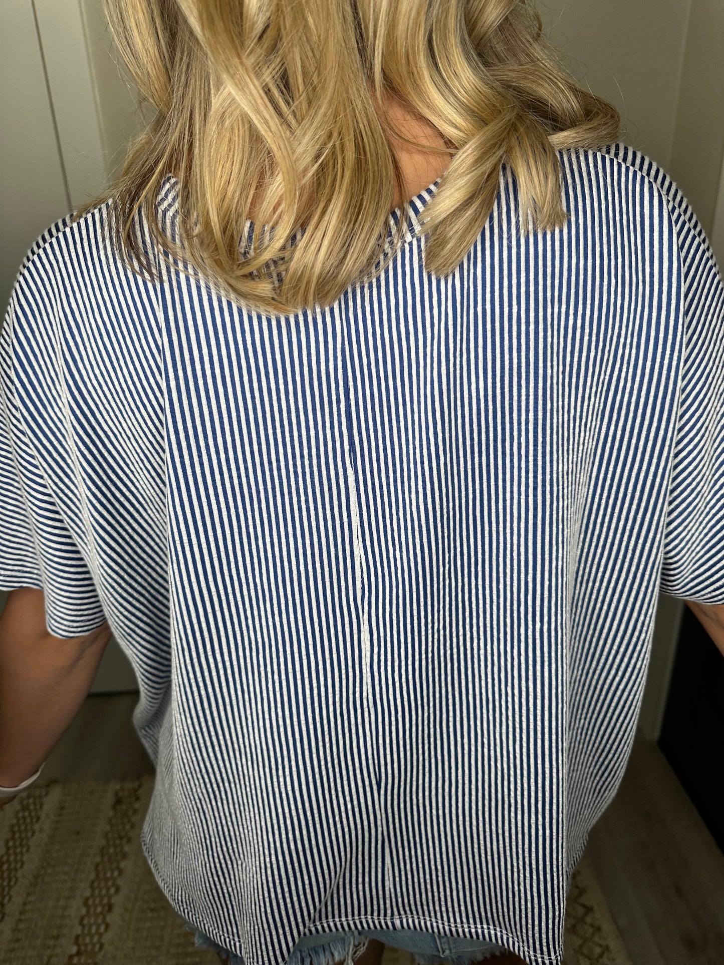 Light Navy & White Striped Oversized Short Sleeve Top