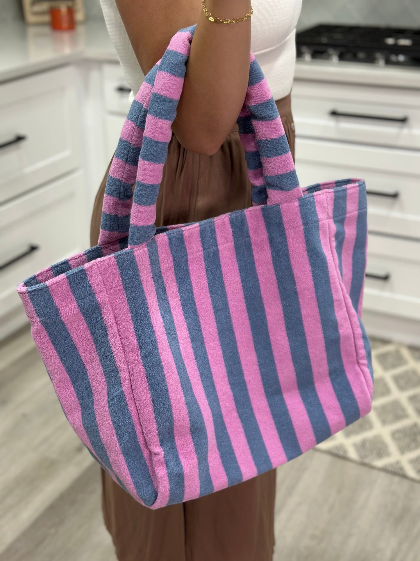 Pink & Blue Striped Terry Cloth Tote Bag