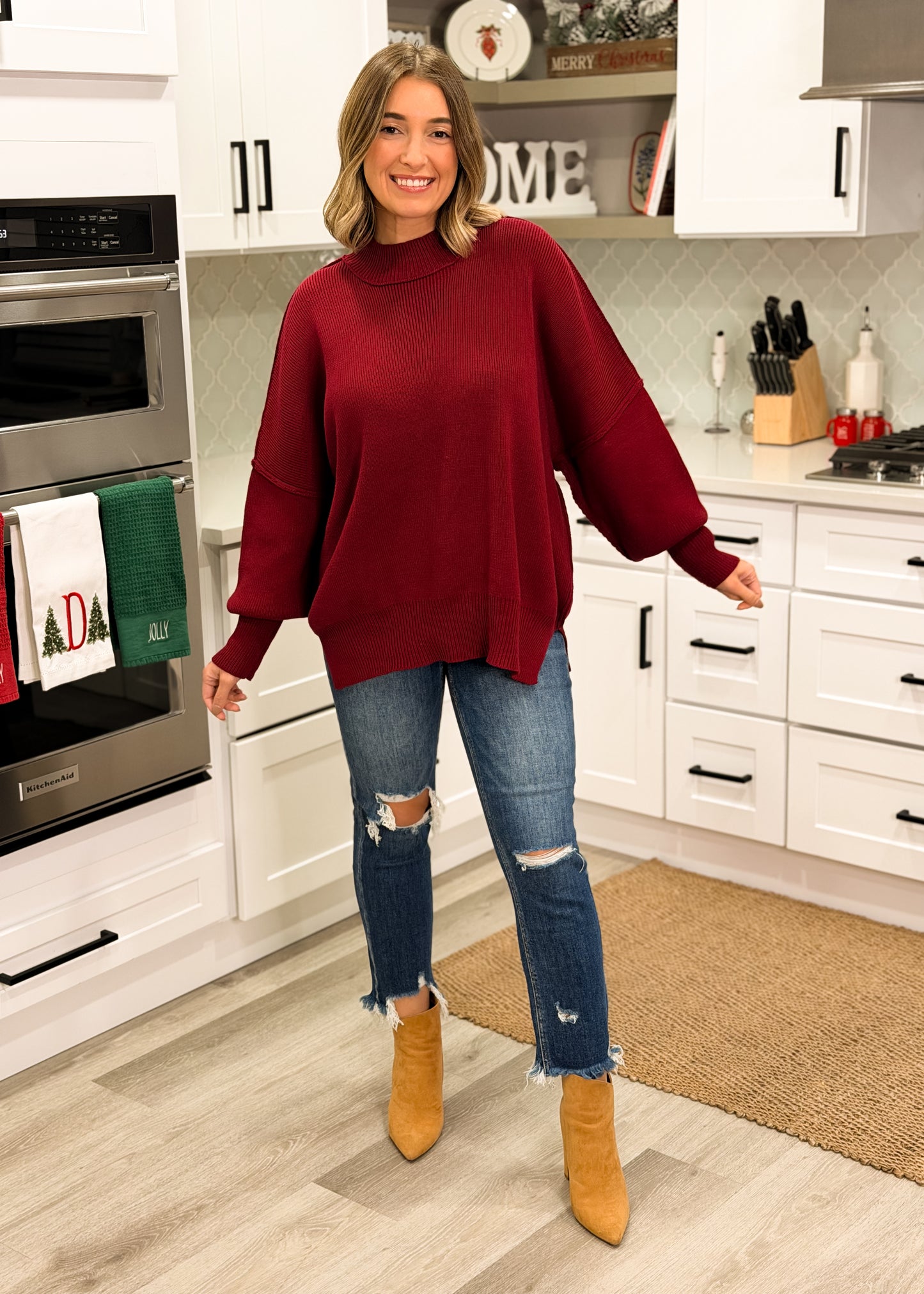 Wine Oversized Mock Neck Sweater
