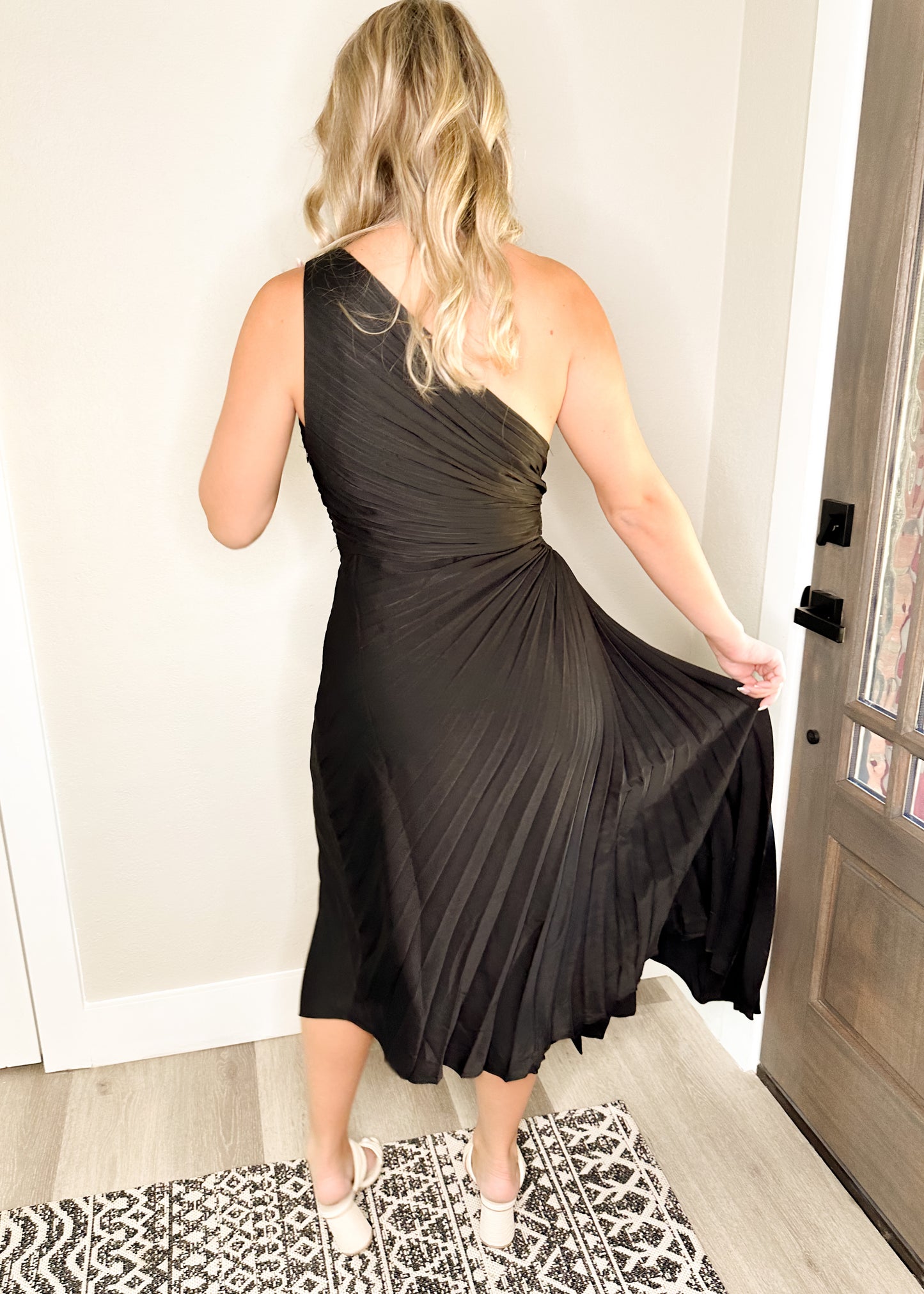 Black Pleated One Shoulder Side Cut Out Asymmetrical Hem Dress
