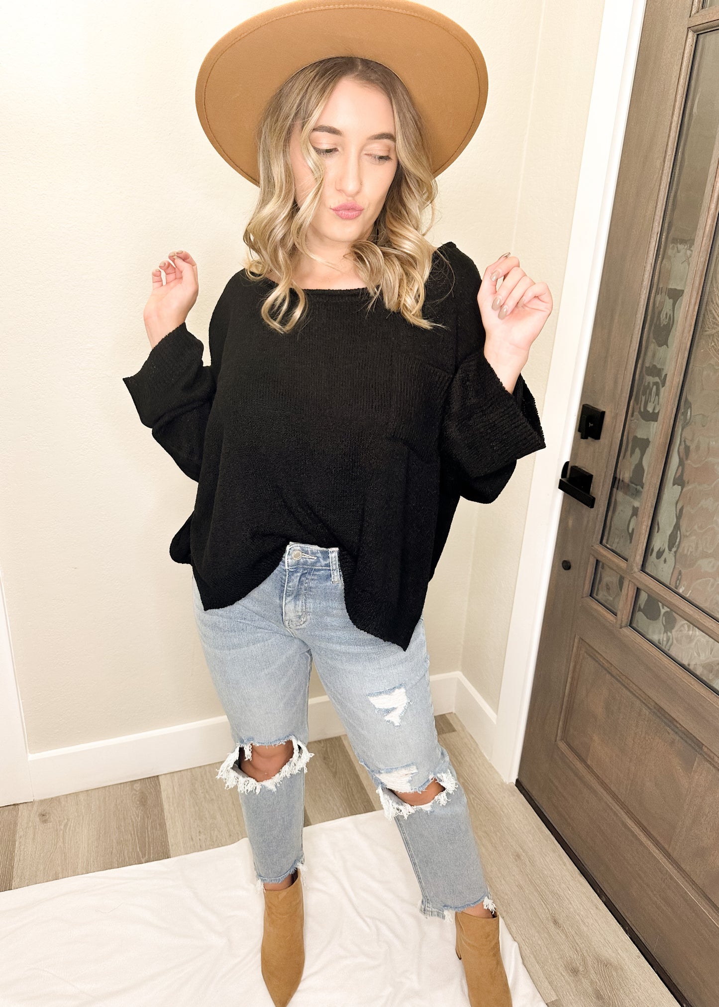 Black Wide Neck Pullover Knit Sweater