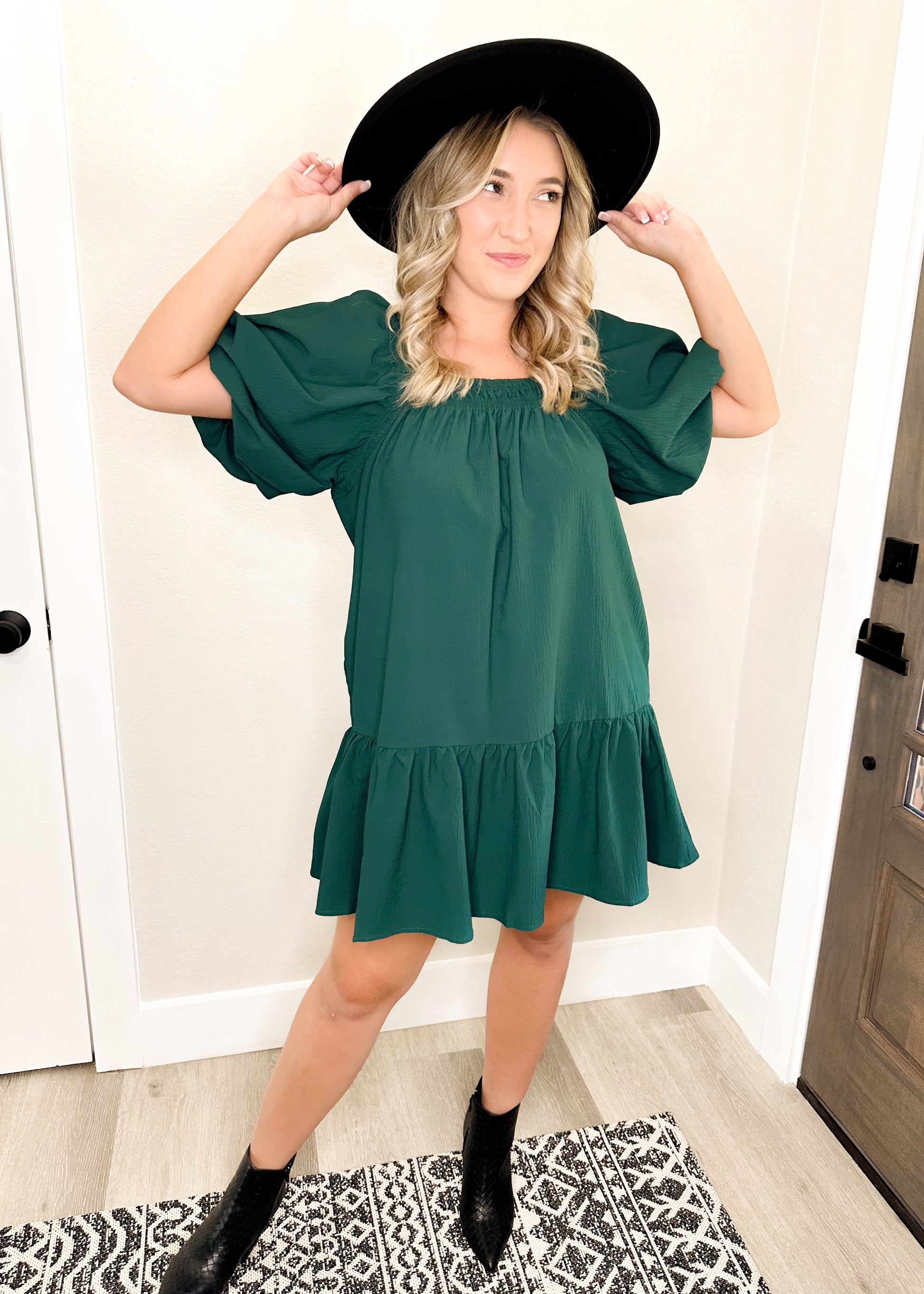 Hunter Green Puff Sleeve Square Neckline Dress