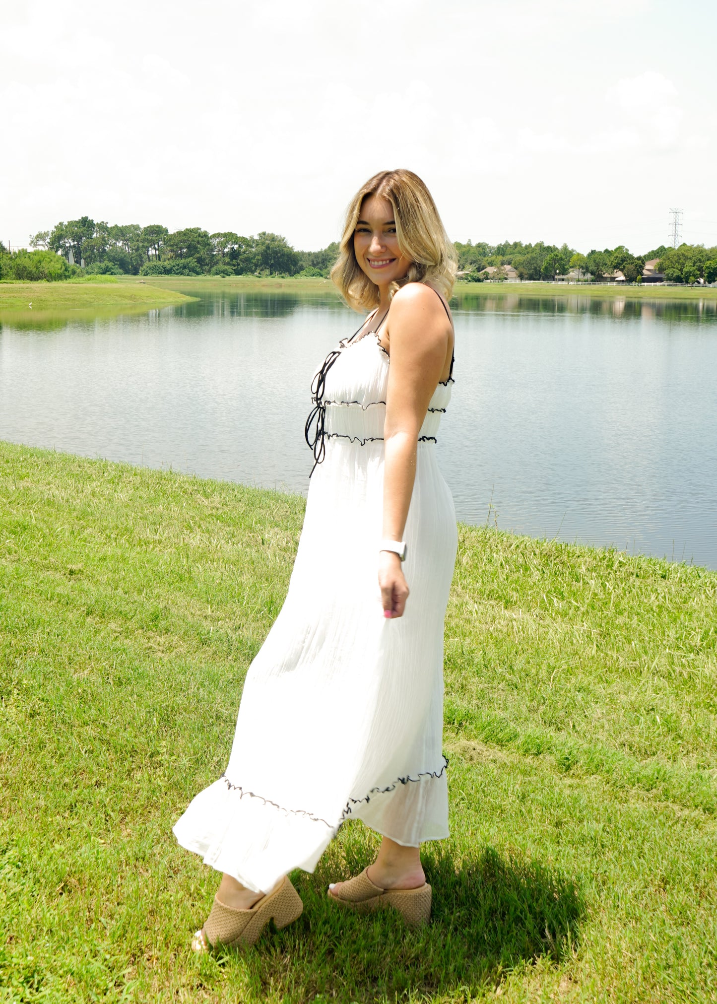 White Flowy Woven Maxi Dress with Black Bow Details