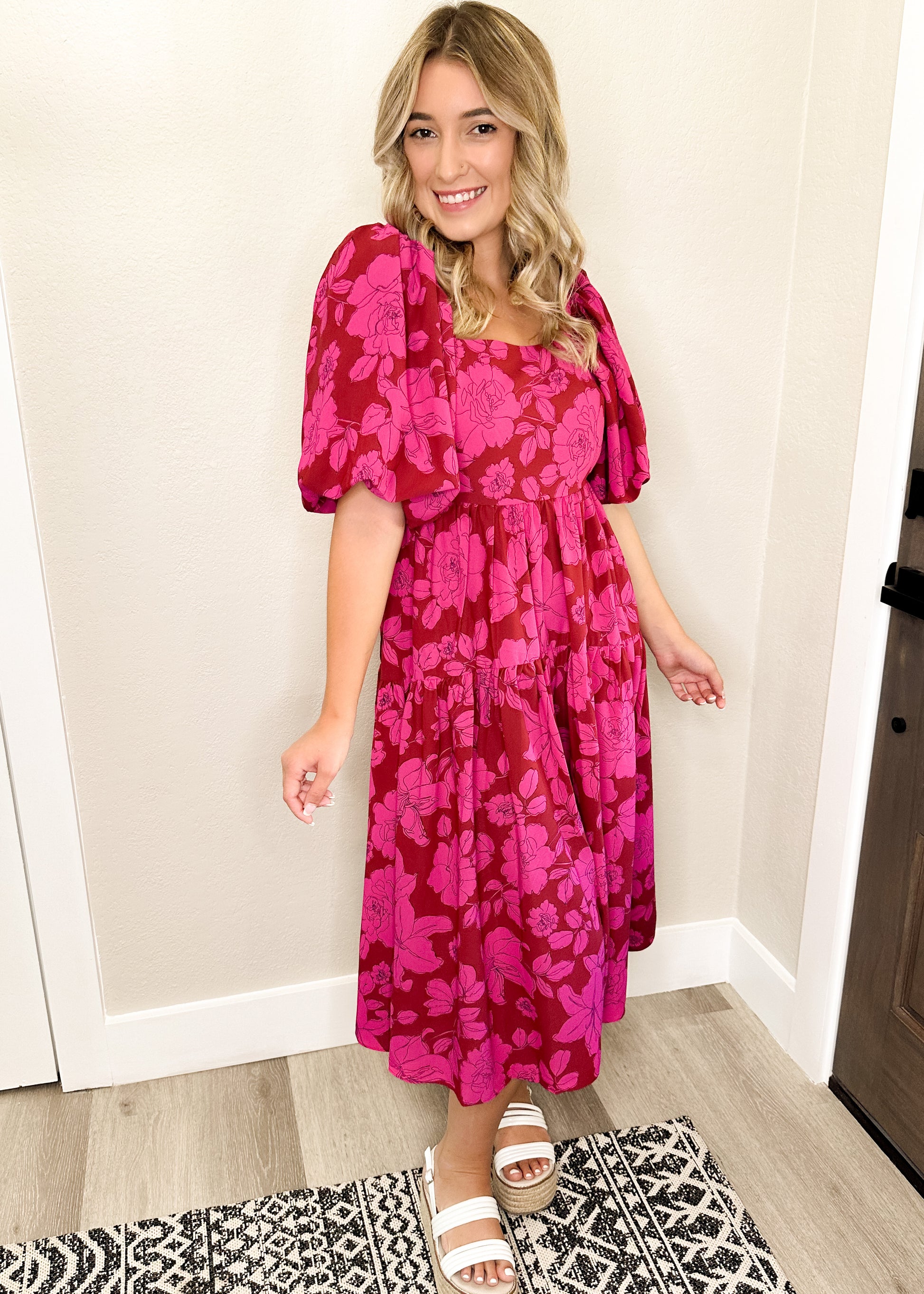 Brick & Pink Floral Print Square Neck Midi Dress