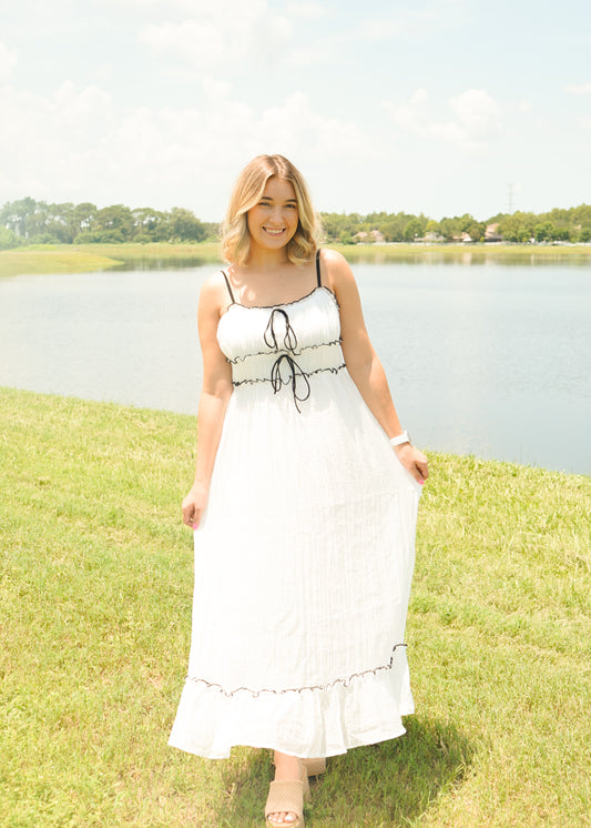 White Flowy Woven Maxi Dress with Black Bow Details