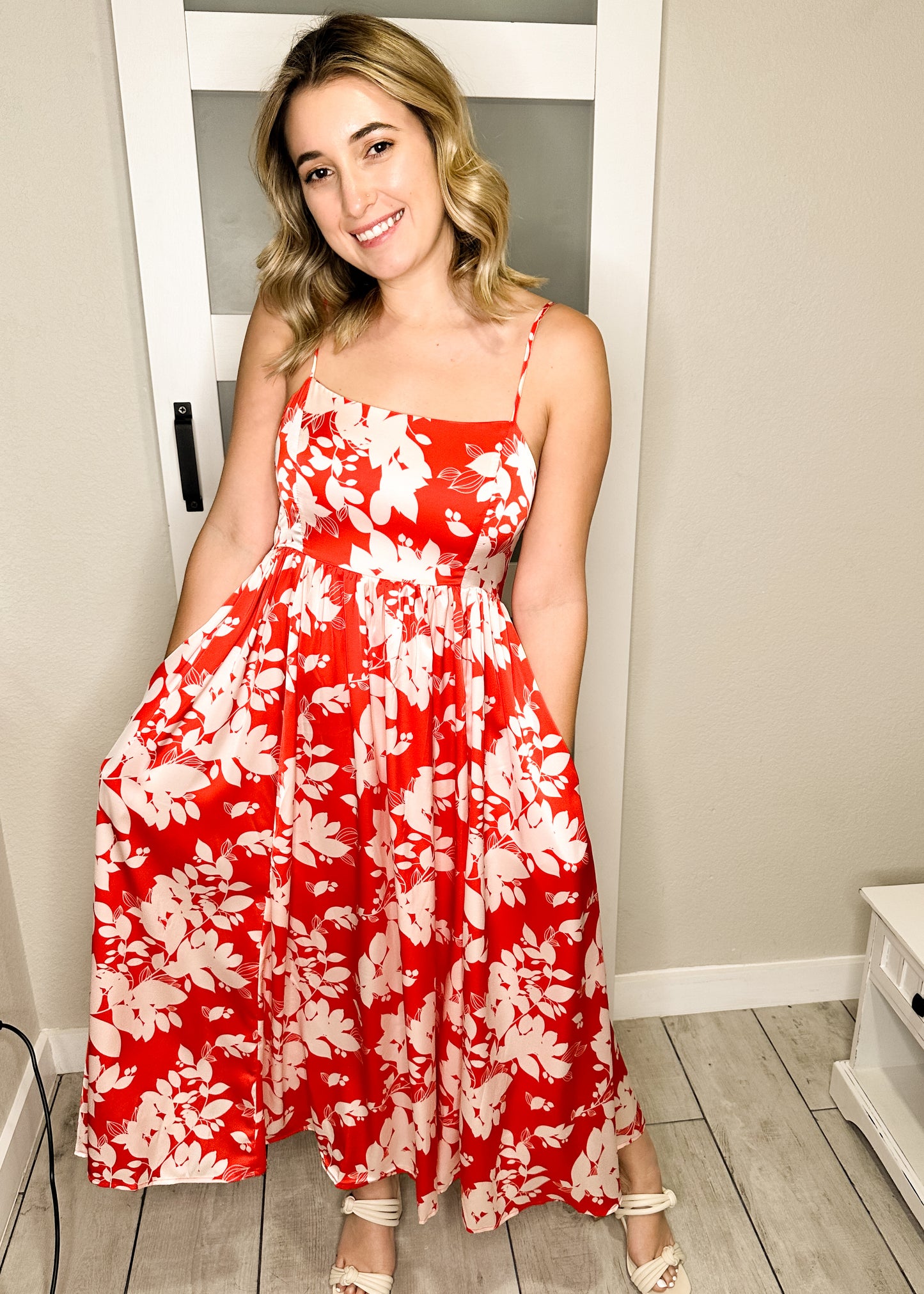 Tomato & White Floral Silky Midi Dress
