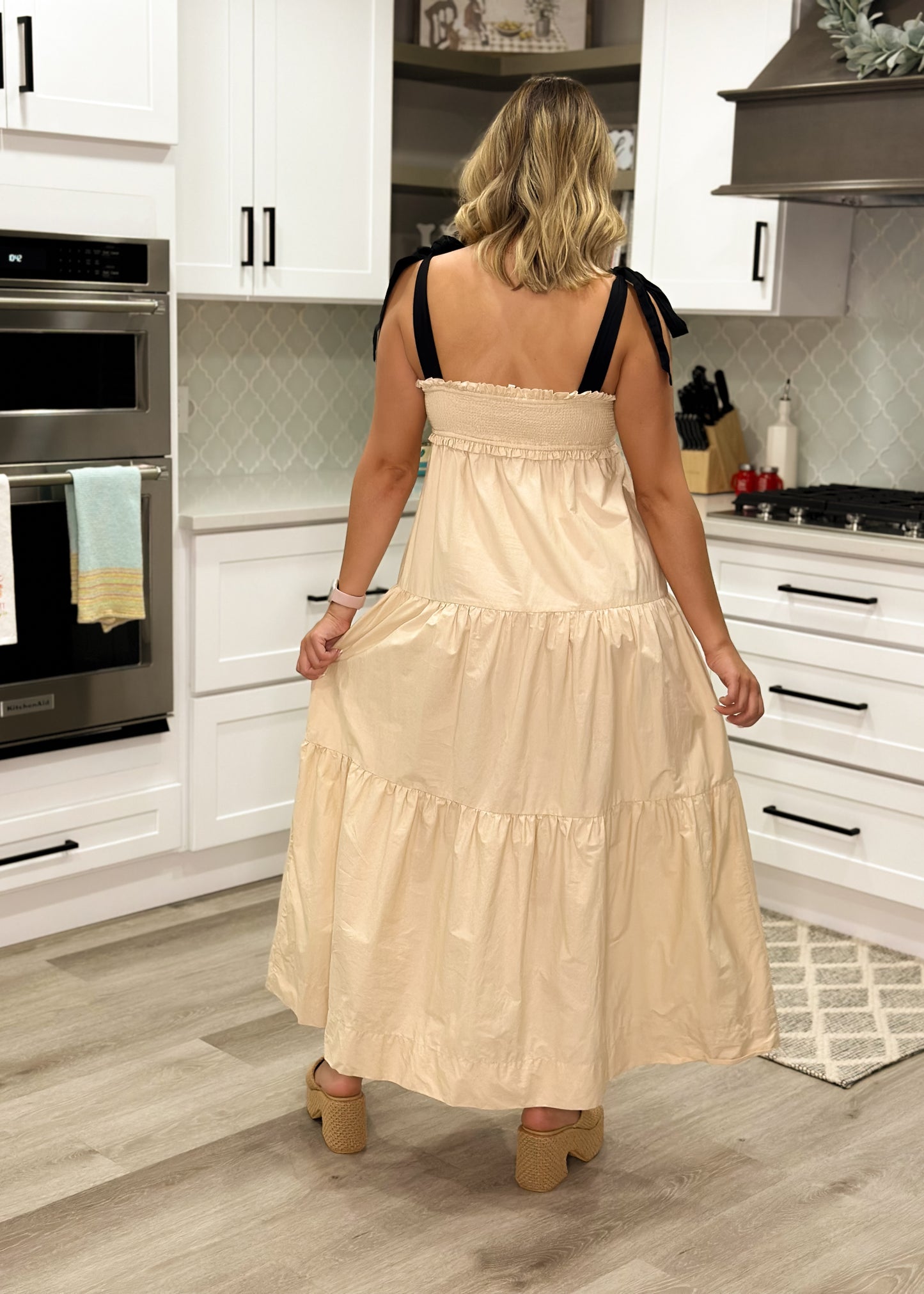 Taupe & Black Shoulder Tie Smocked Maxi Dress