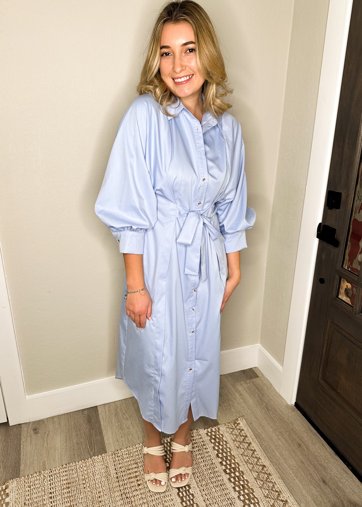 Chambray 3/4 Sleeve Button Down Midi Dress