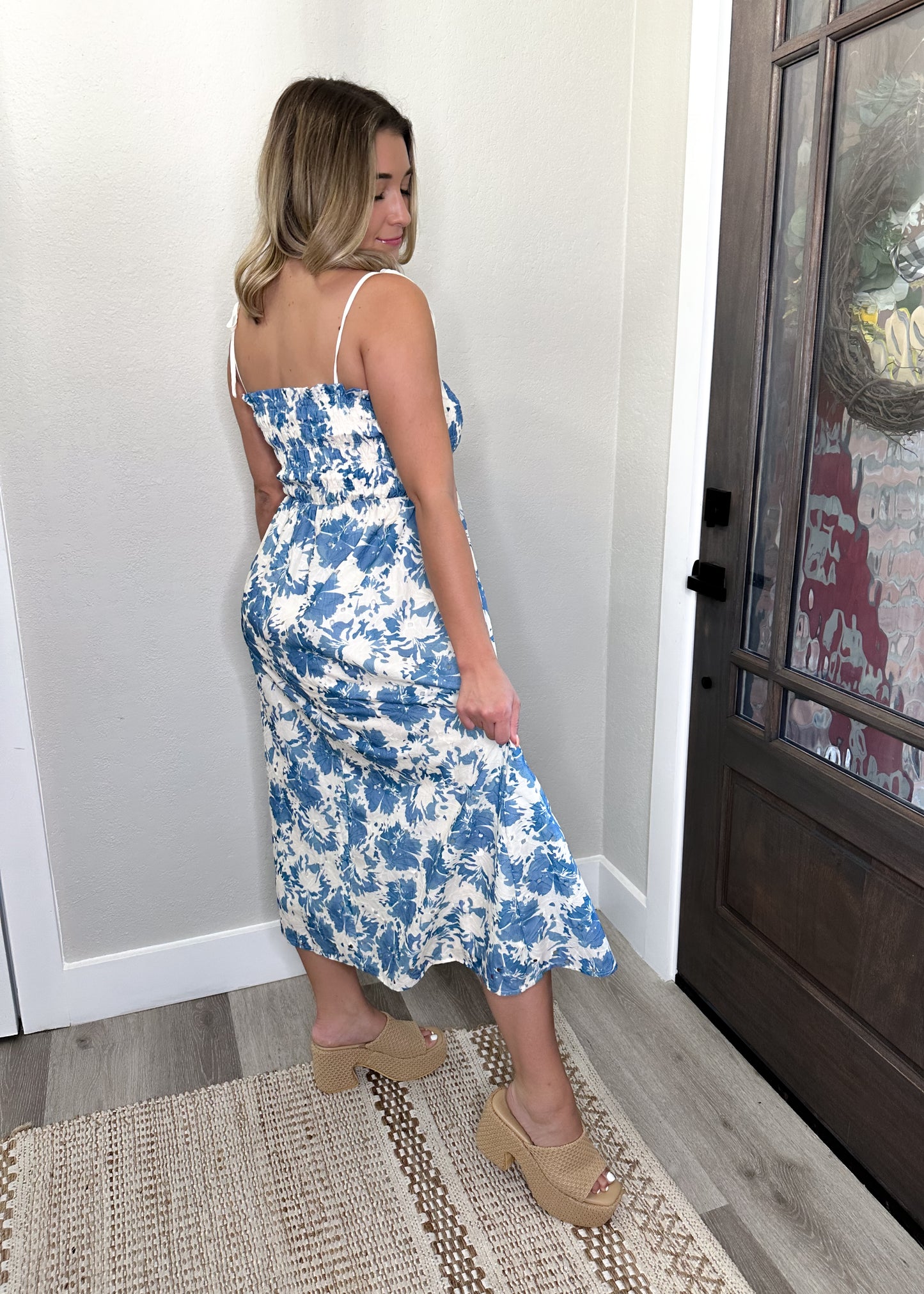 Cream & Blue Floral Print Midi Sundress
