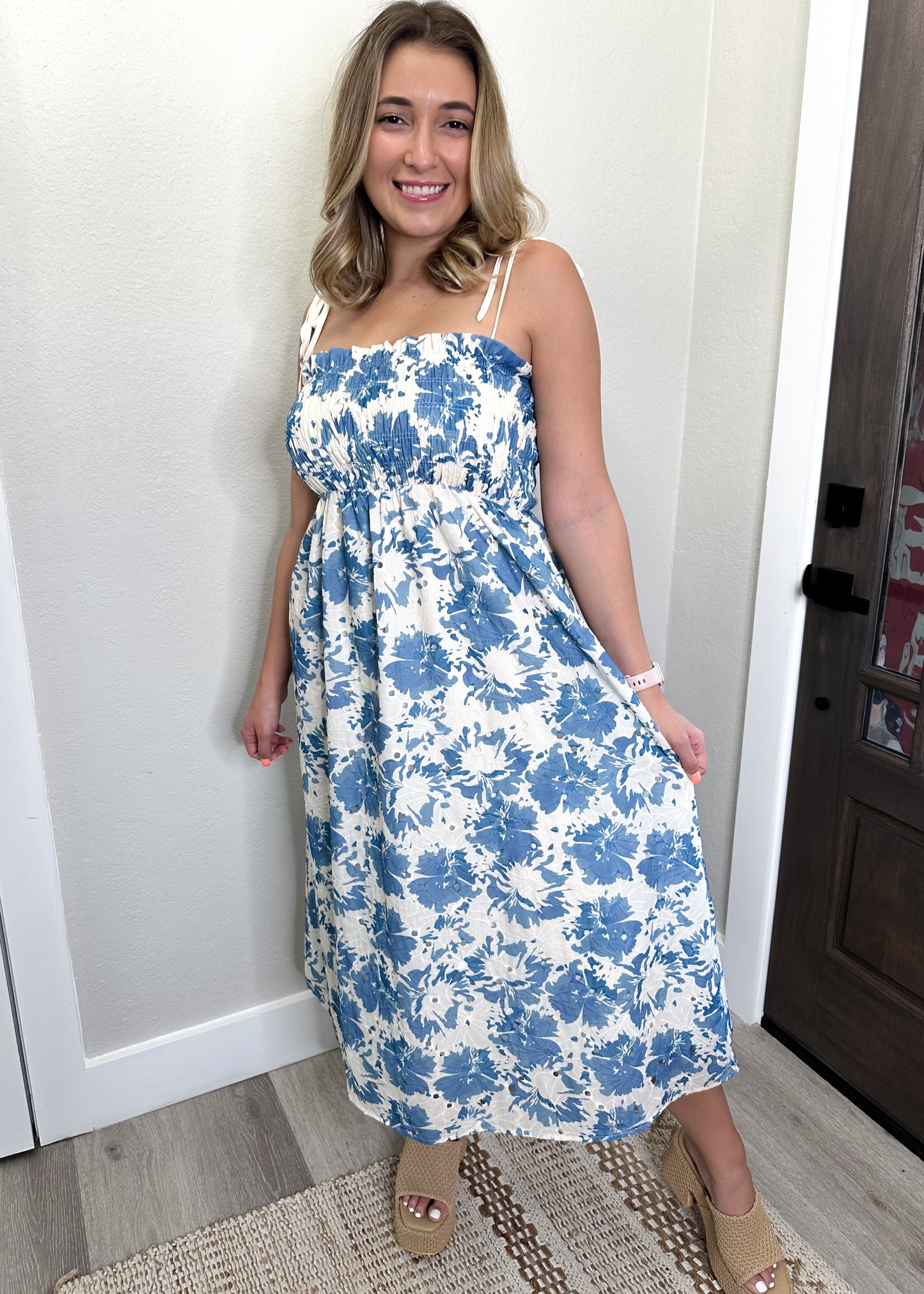 Cream & Blue Floral Print Midi Sundress