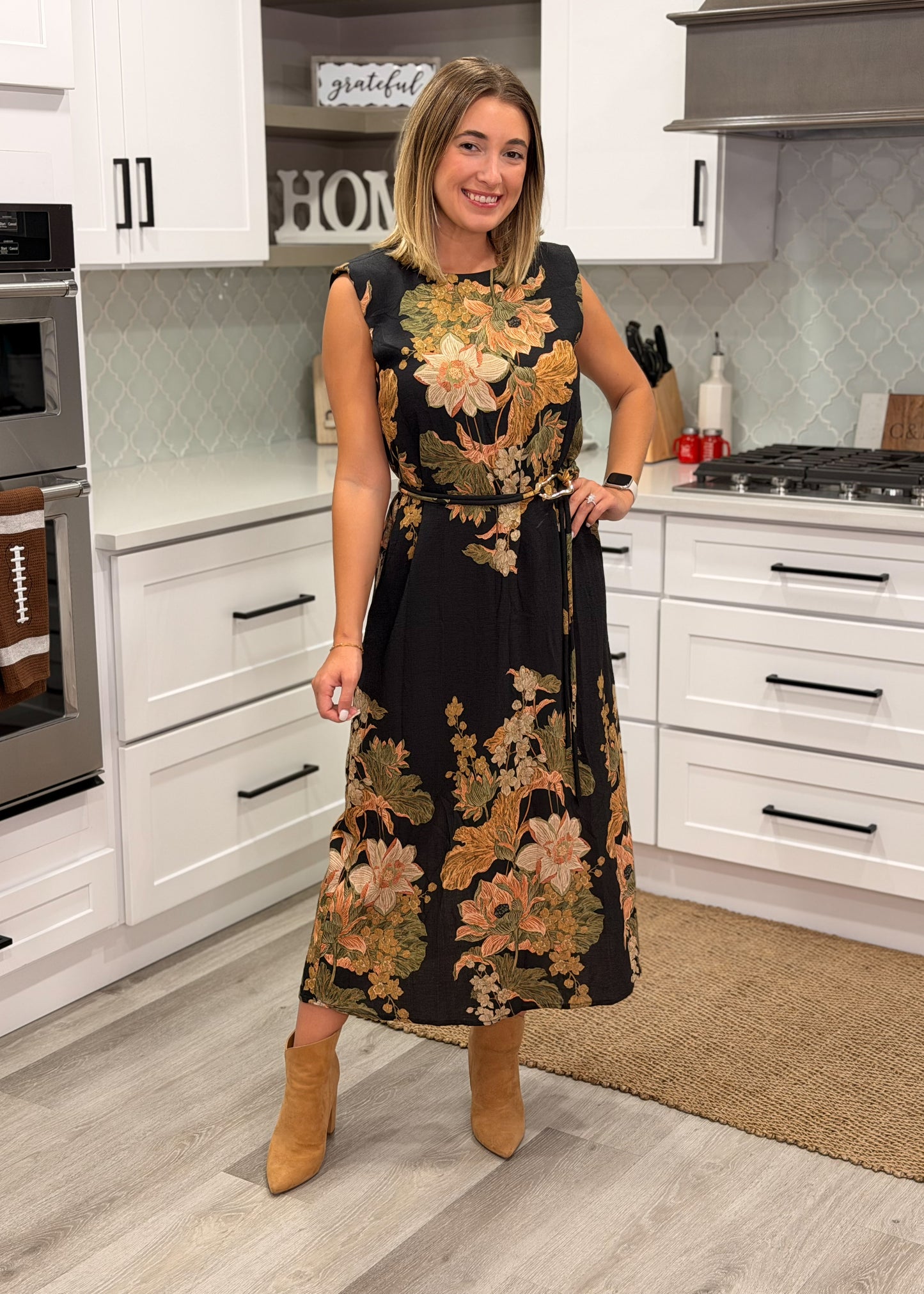 Black Floral Print Sleeveless Midi Dress