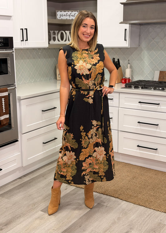 Black Floral Print Sleeveless Midi Dress