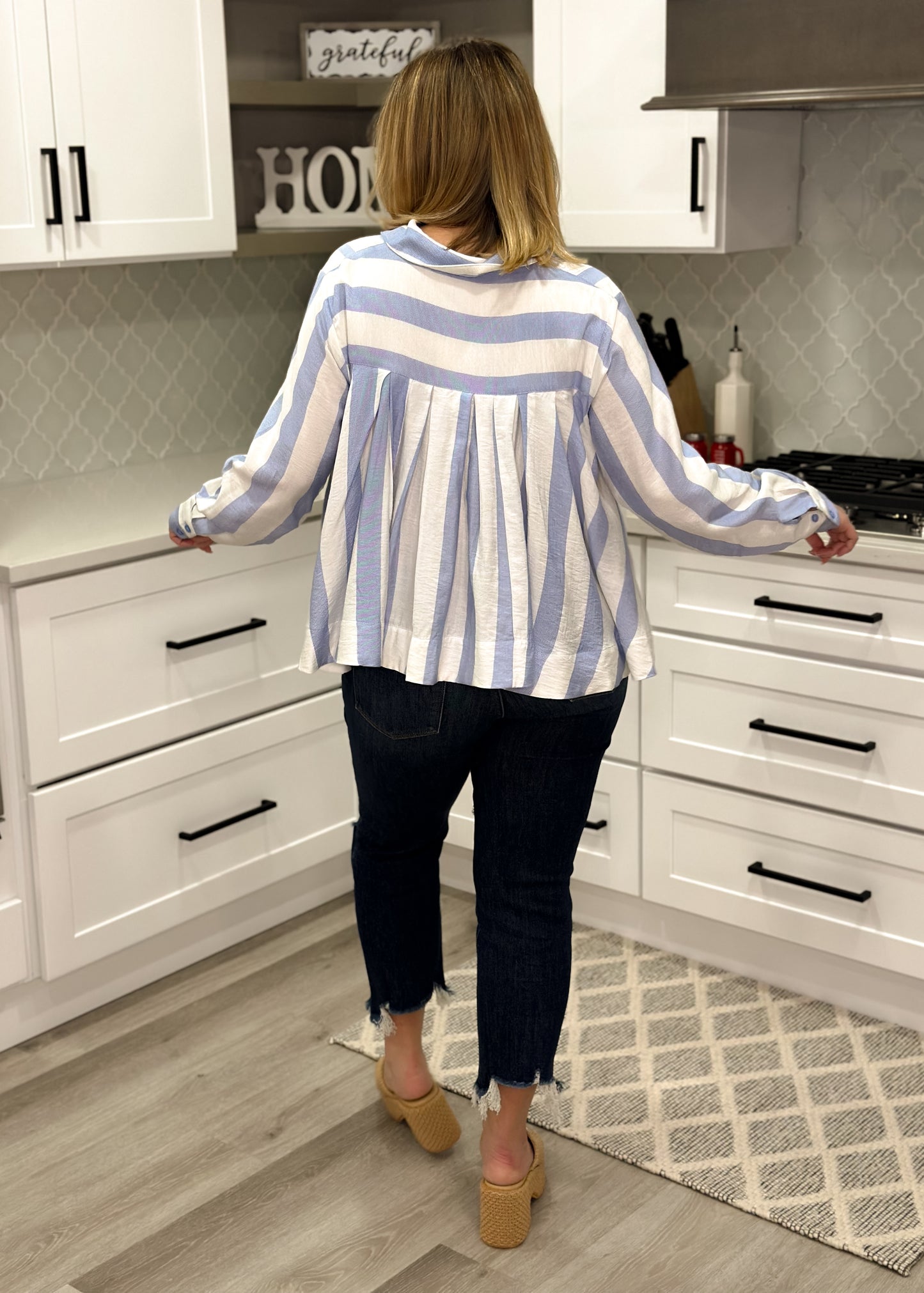 Blue & White Striped Coastal Button Top