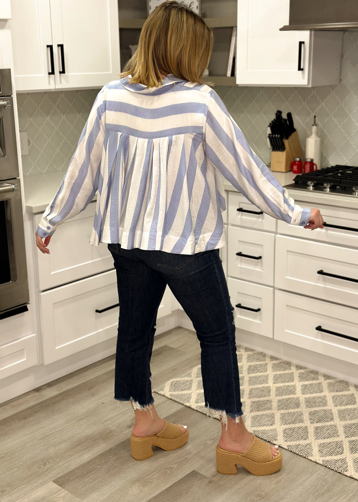 Blue & White Striped Coastal Button Top