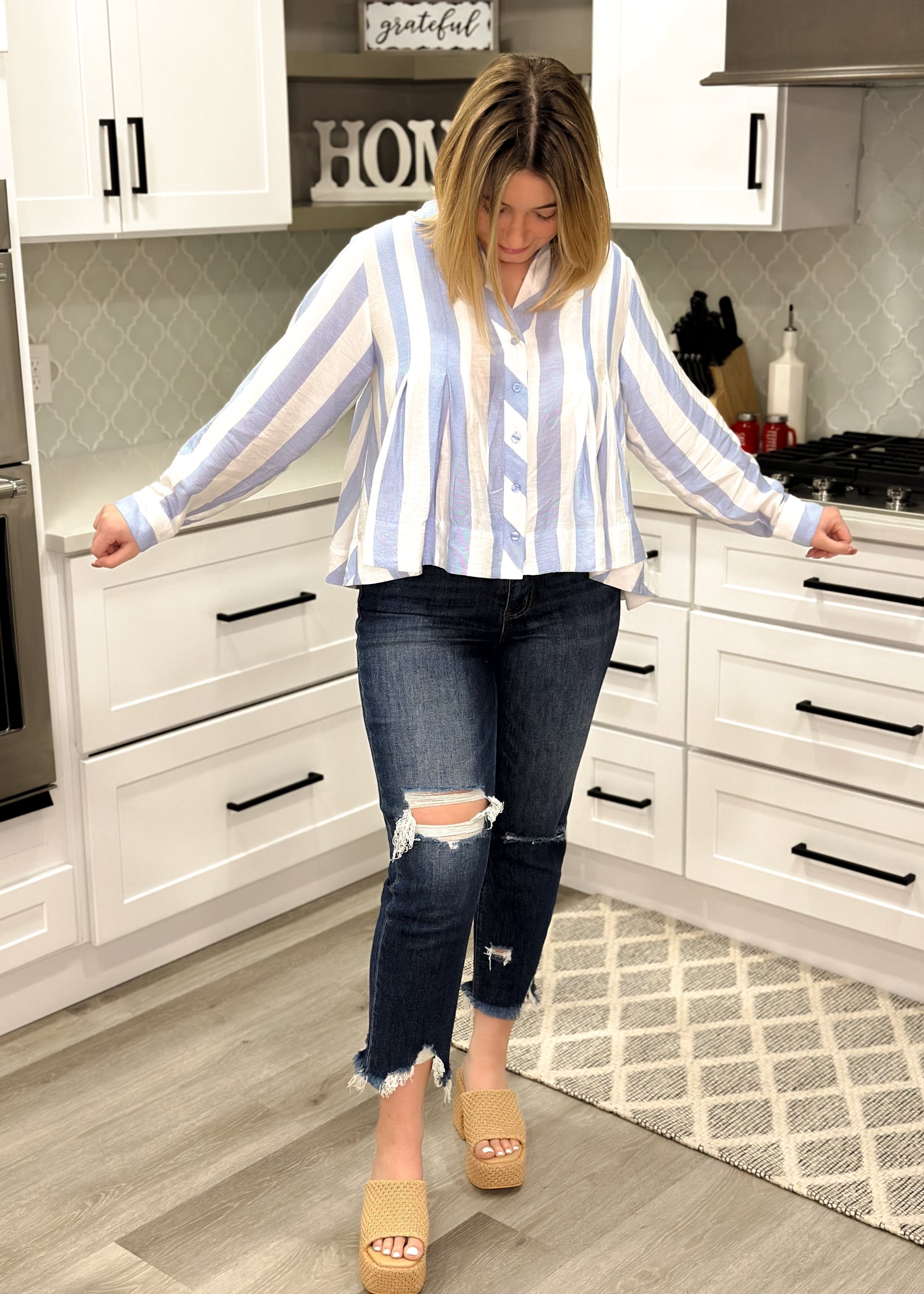 Blue & White Striped Coastal Button Top