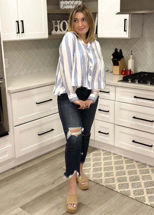 Blue & White Striped Coastal Button Top
