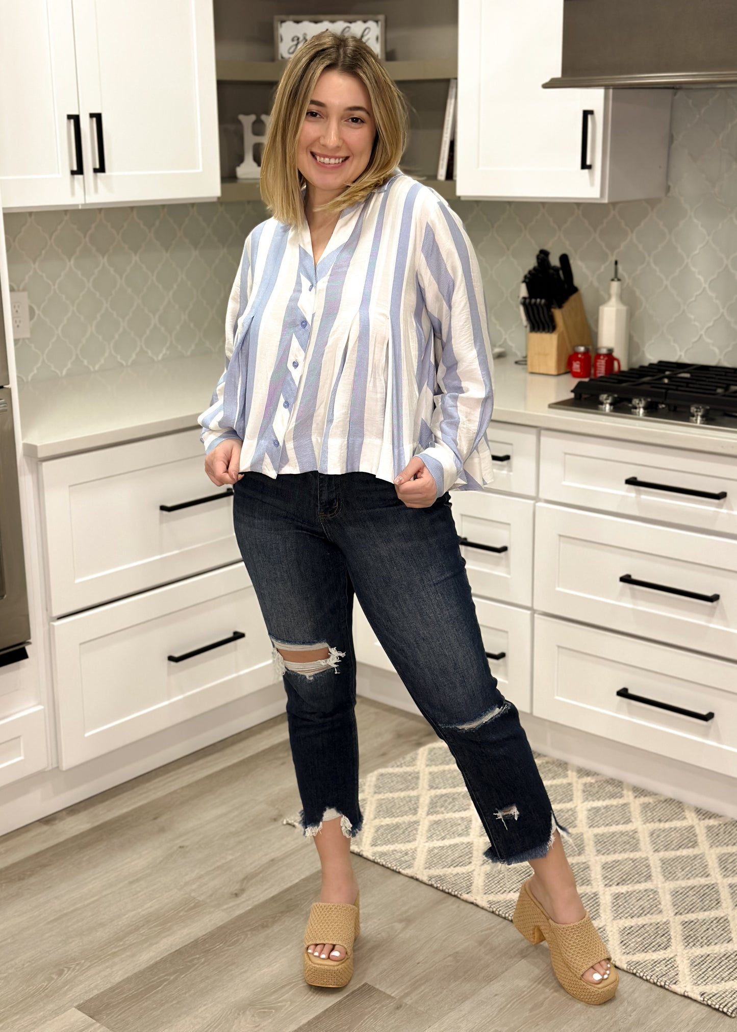 Blue & White Striped Coastal Button Top