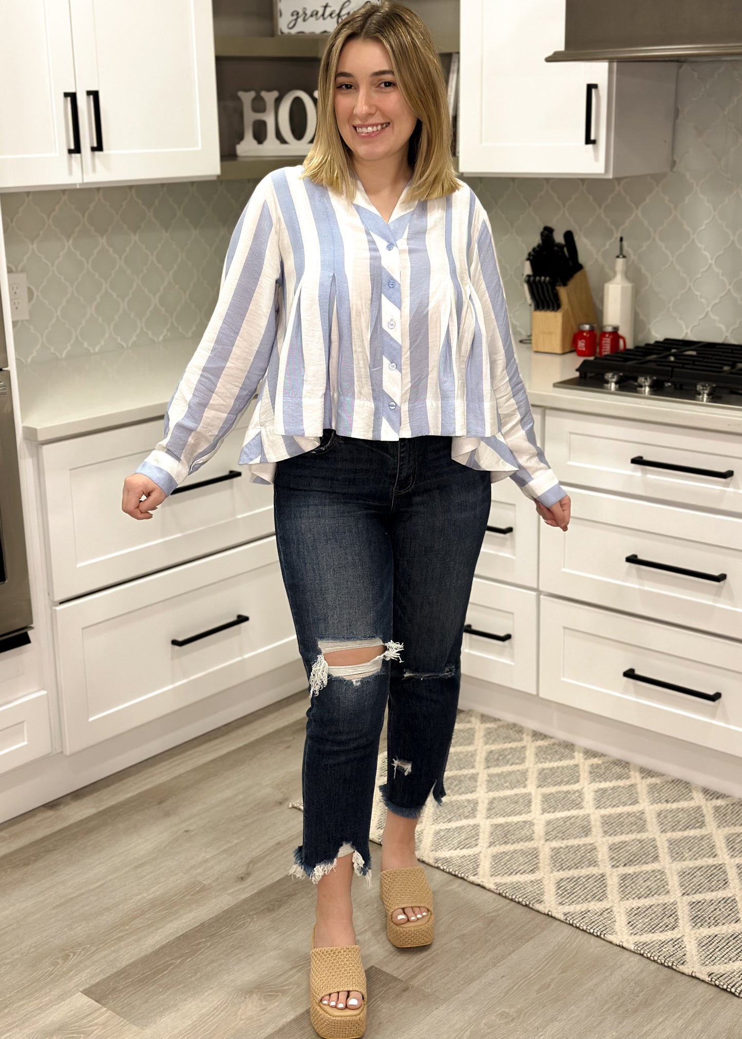 Blue & White Striped Coastal Button Top