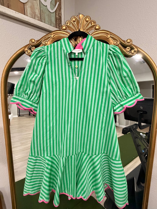 Green Stripe Puff Sleeve Mini Dress