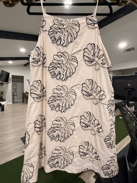 Cream Tropical Leaf Embroidered Dress