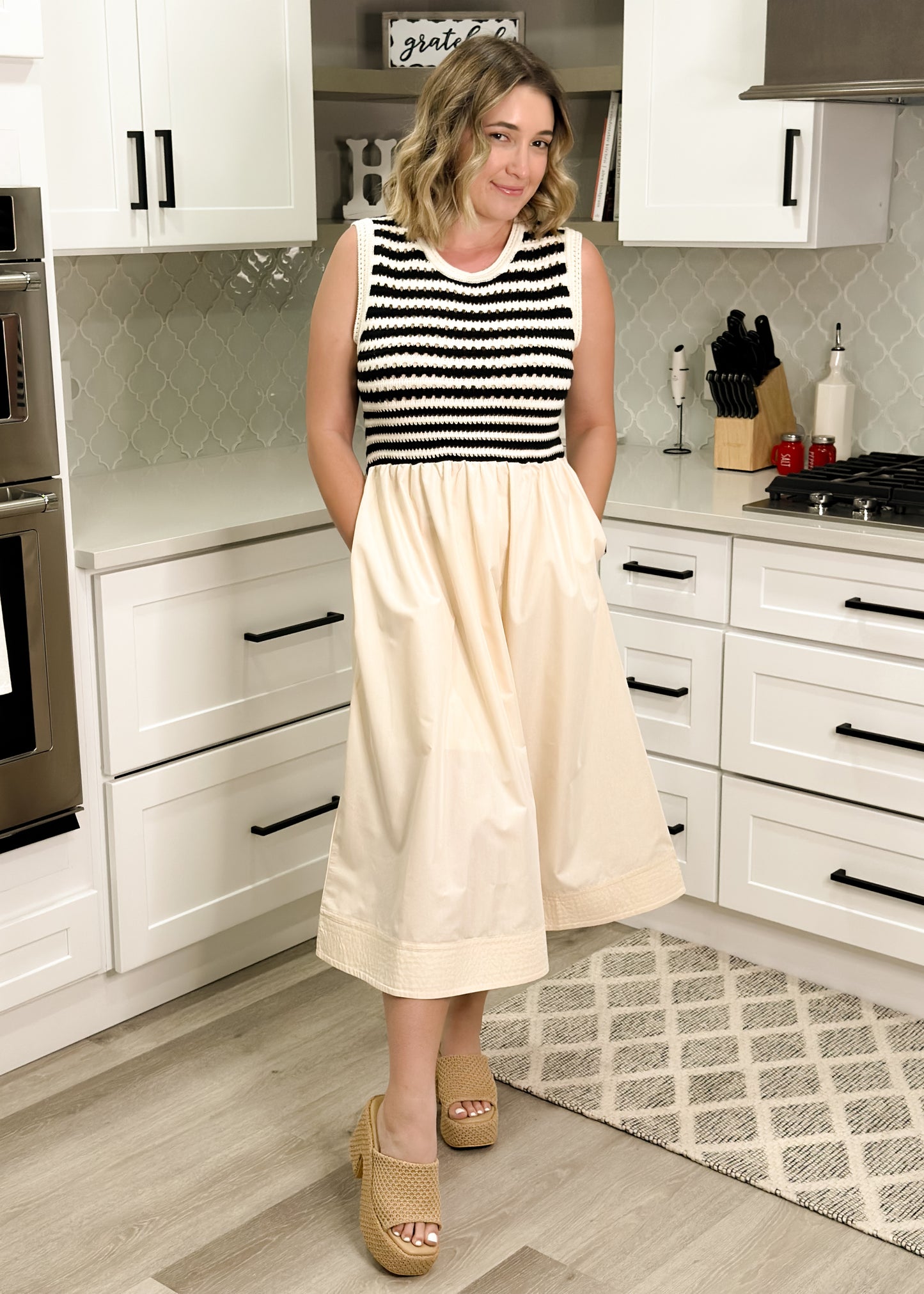 Seaside Stroll Black & Cream Crochet Midi Dress