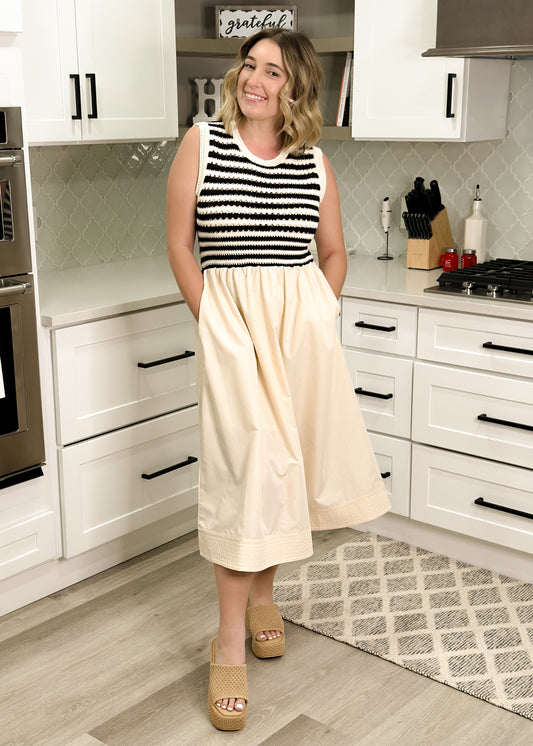 Seaside Stroll Black & Cream Crochet Midi Dress
