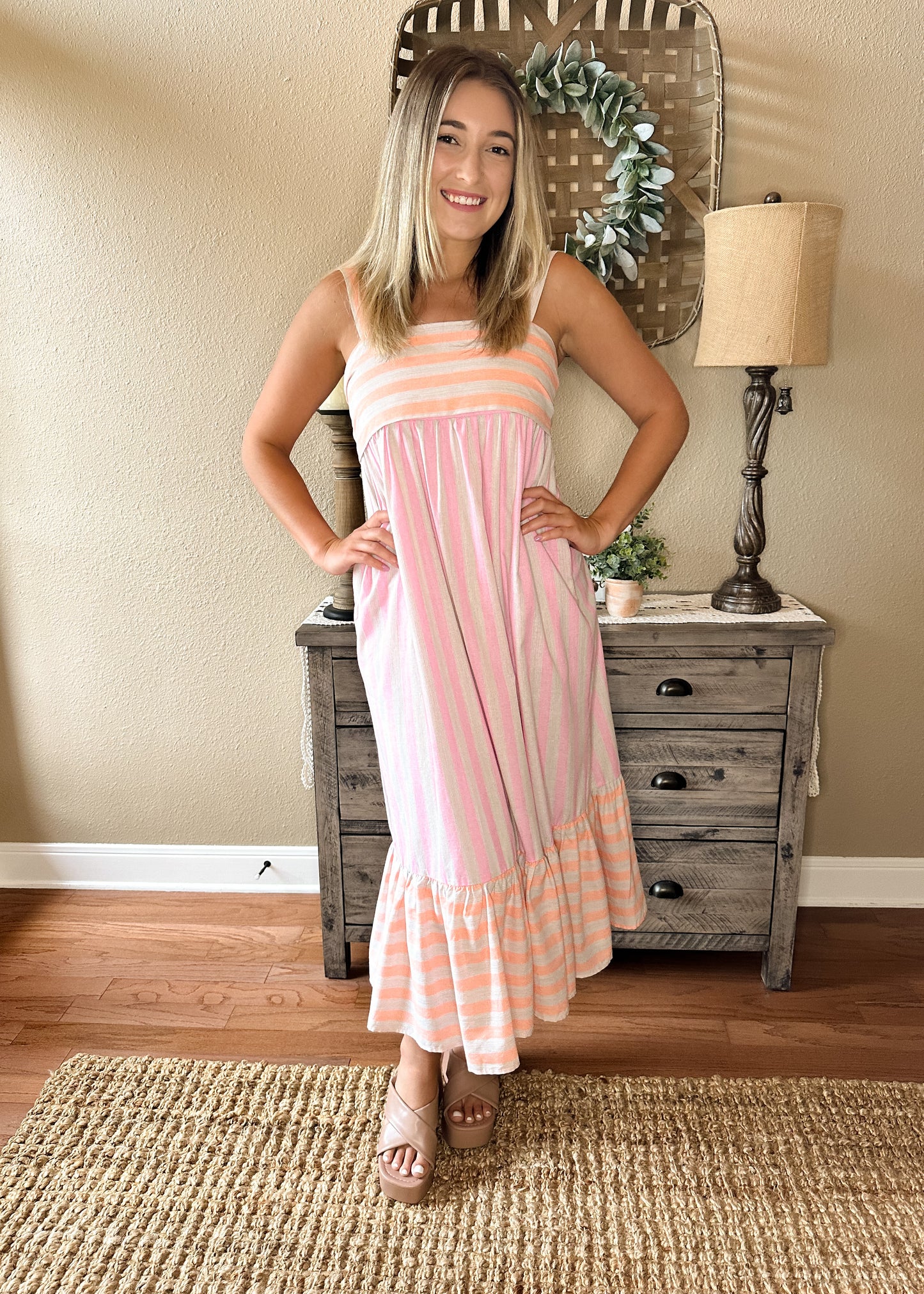 Pink & Orange Striped Colorblock Midi Dress