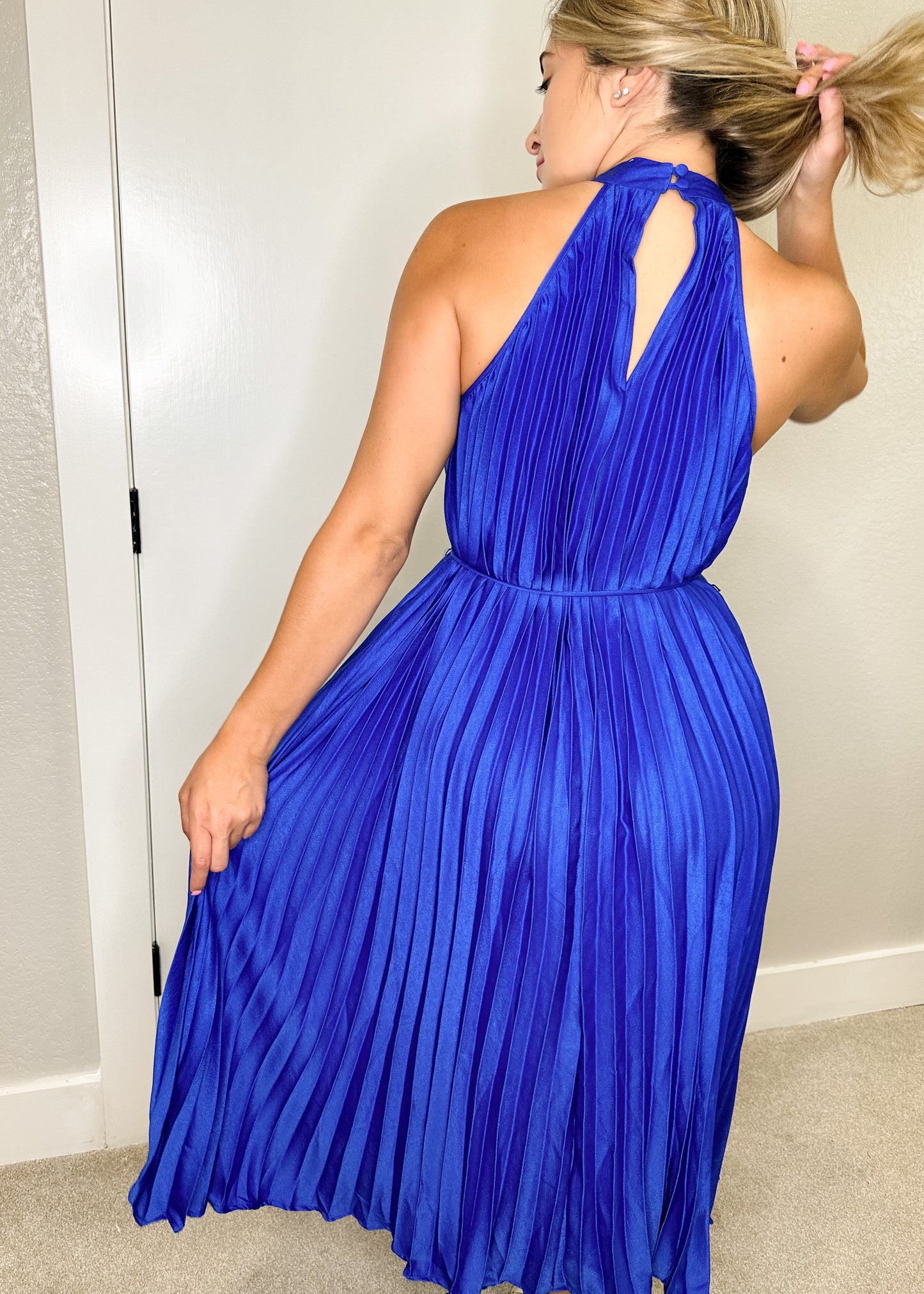 Royal Blue Pleated High Neck Waist Tie Midi Dress