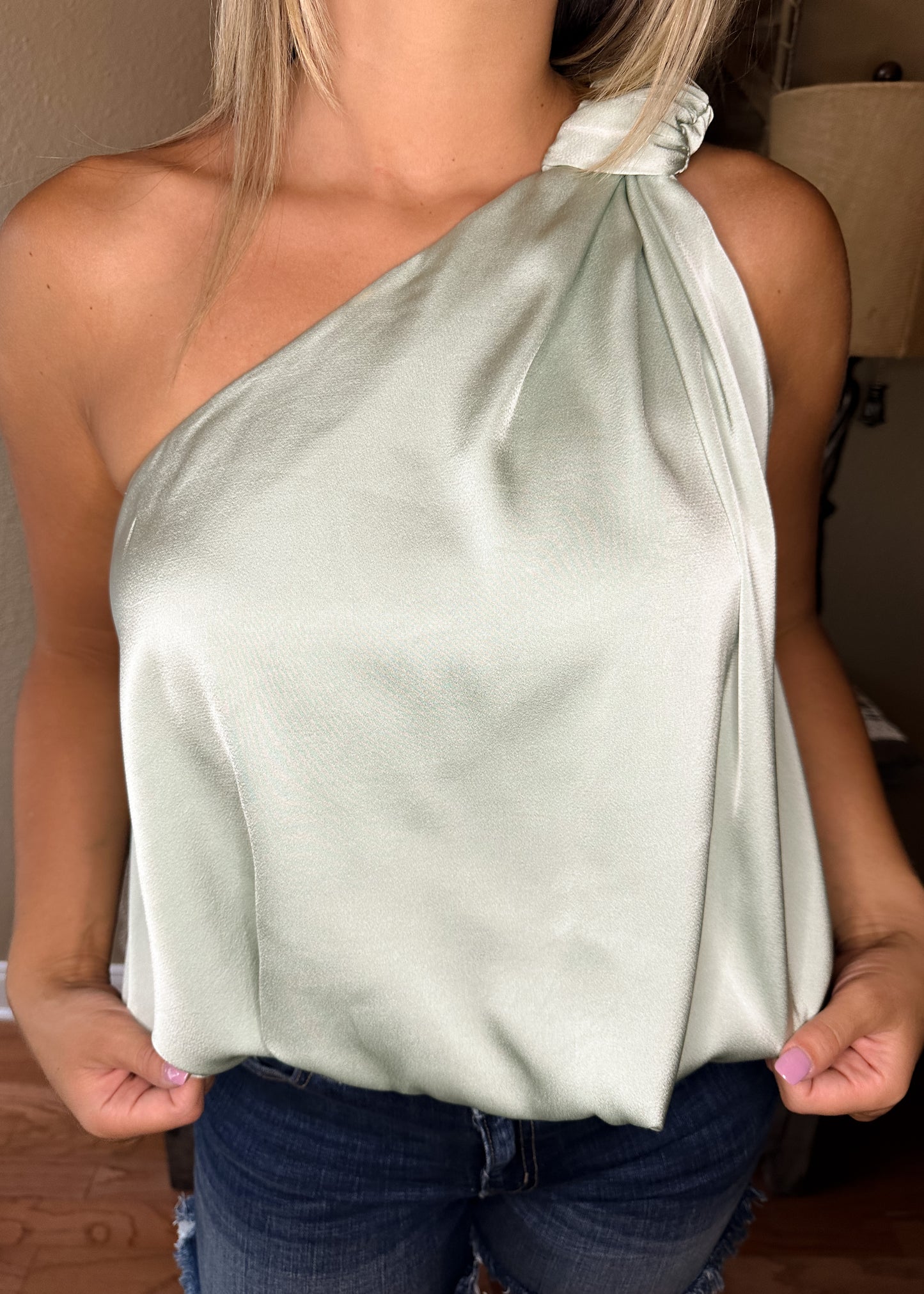 Light Sage Satin One Shoulder Bubble Hem Top