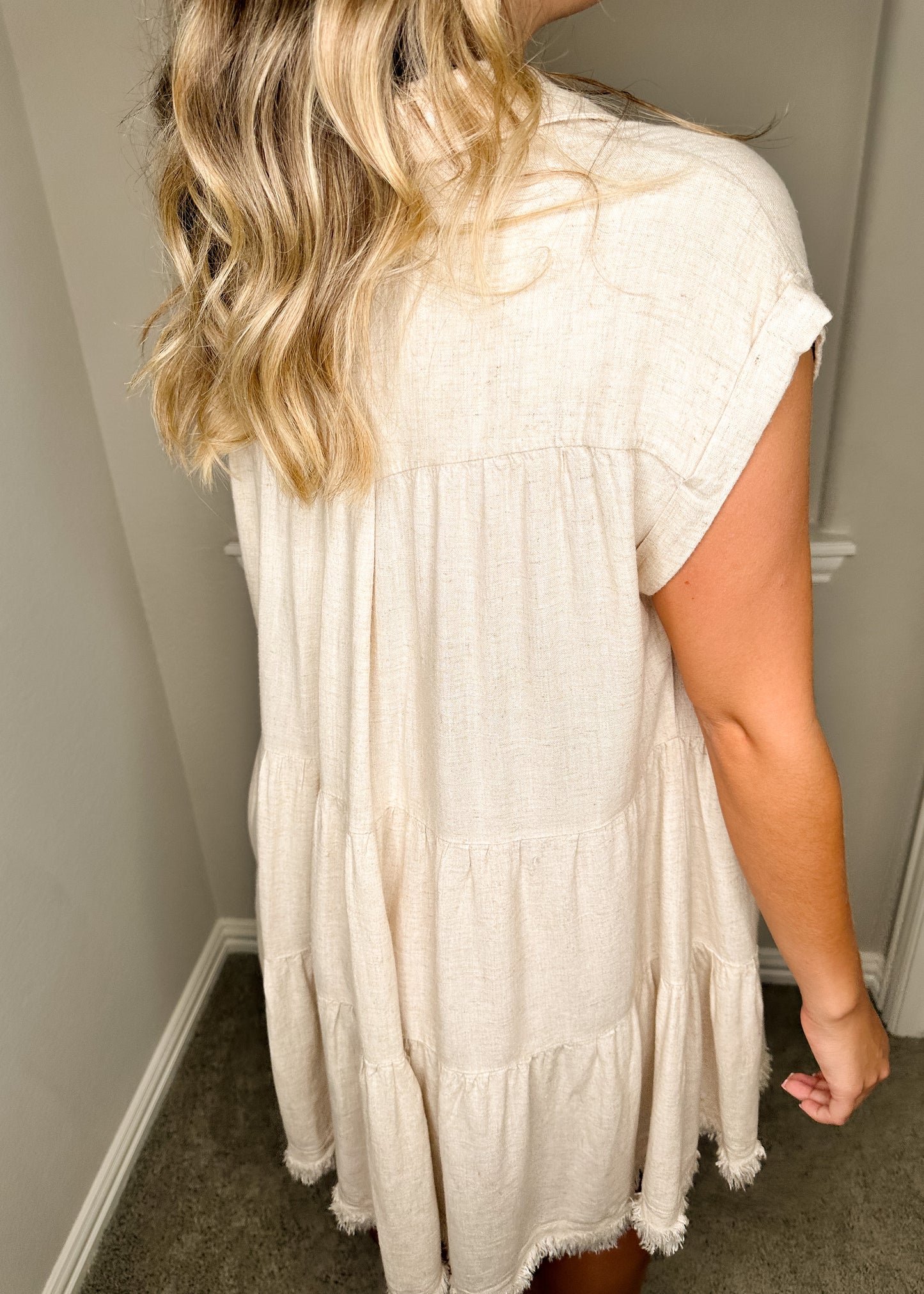 Oatmeal Frayed Hem Button Down Tiered Dress