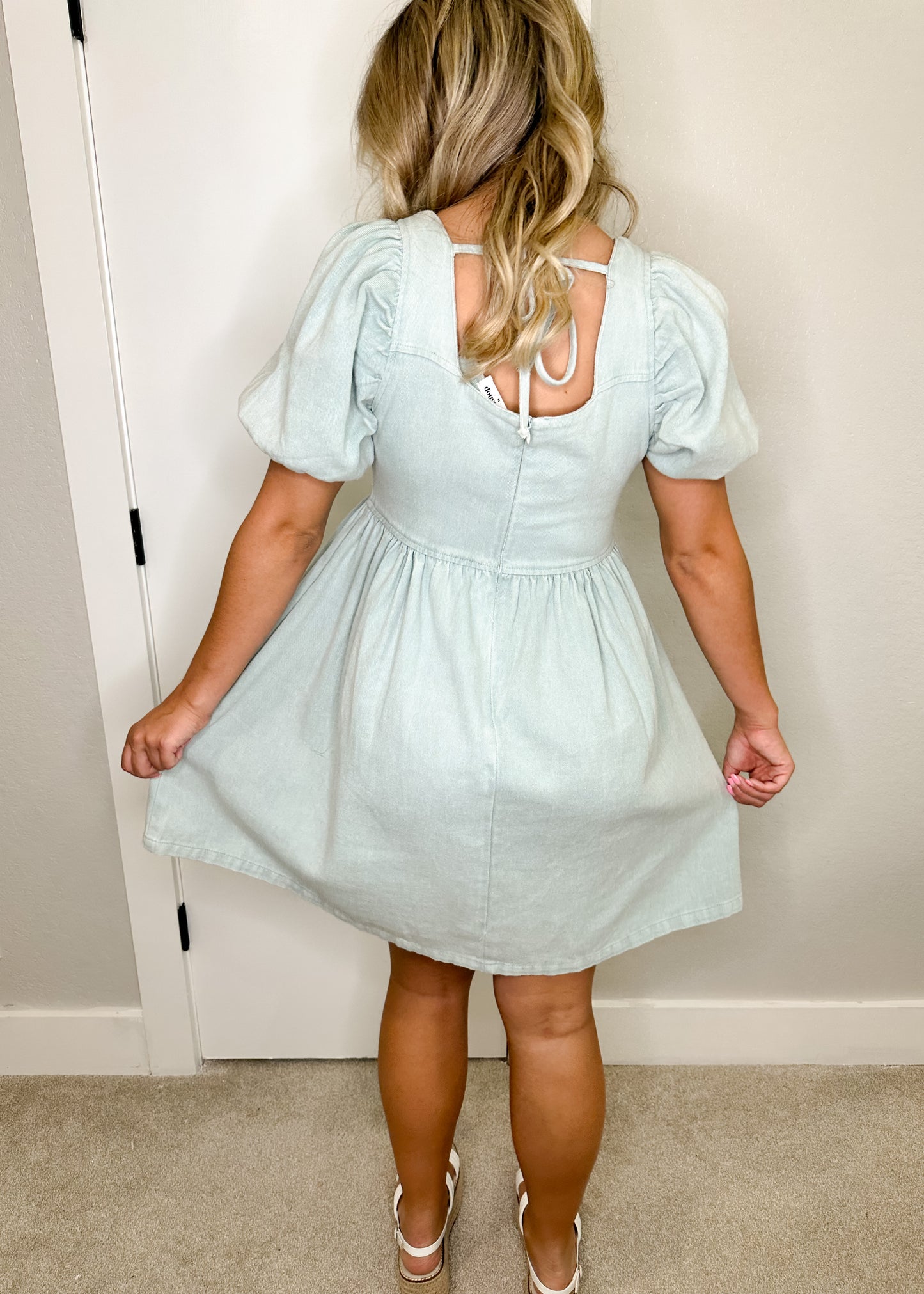 Blue Washed Denim Puff Sleeve Babydoll Dress