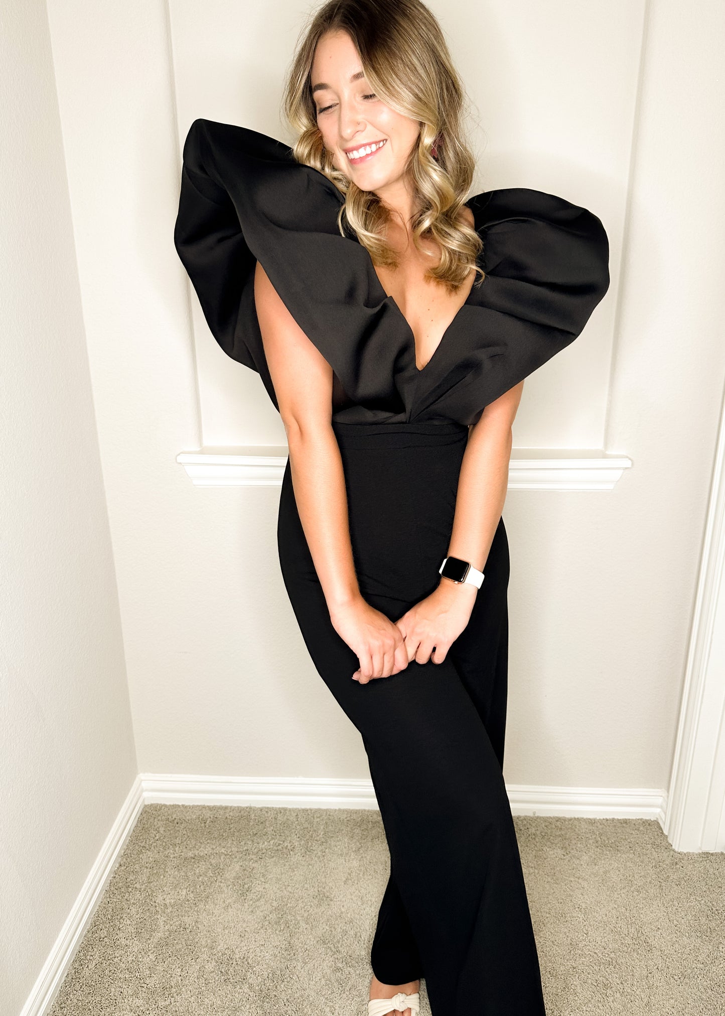 Black V-Neck Statement Sleeve Wide Leg Jumpsuit