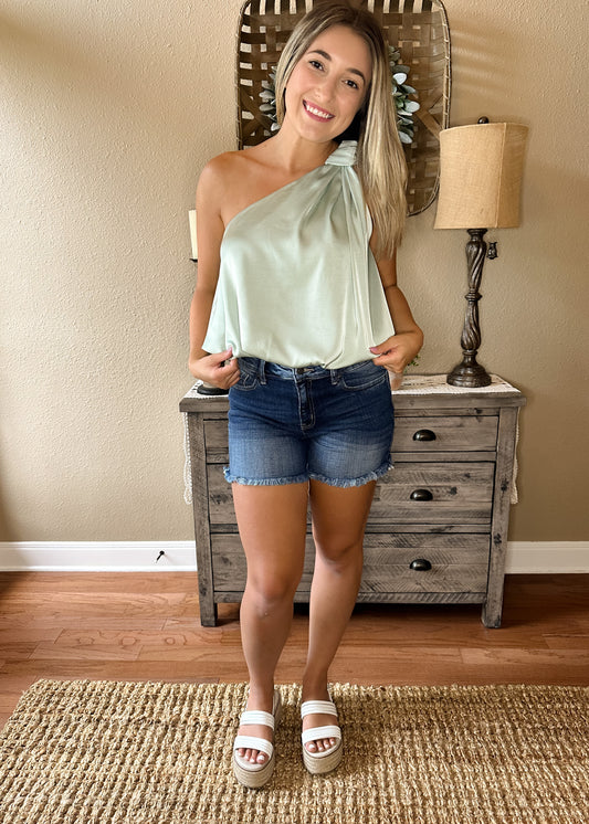 Light Sage Satin One Shoulder Bubble Hem Top