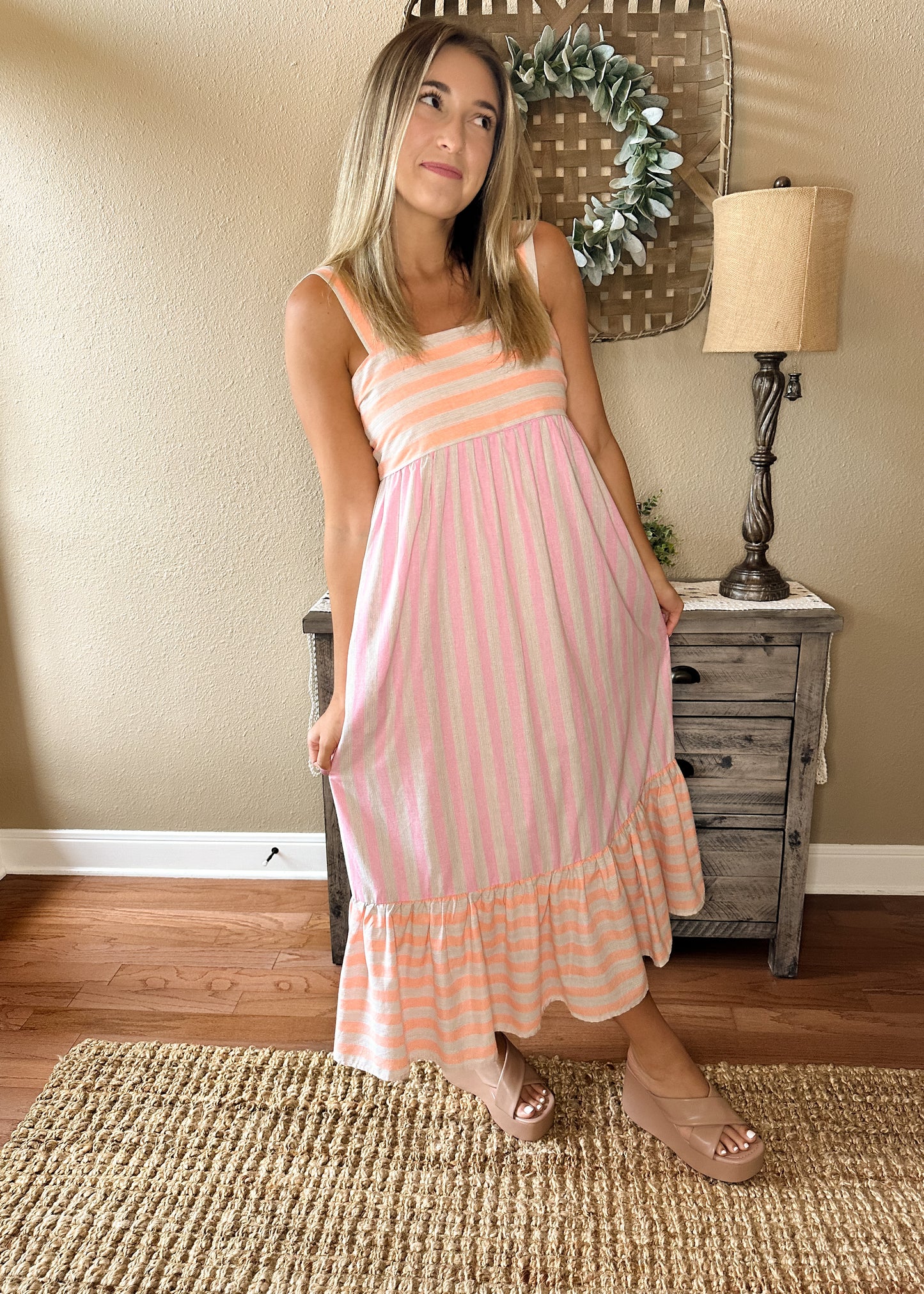Pink & Orange Striped Colorblock Midi Dress