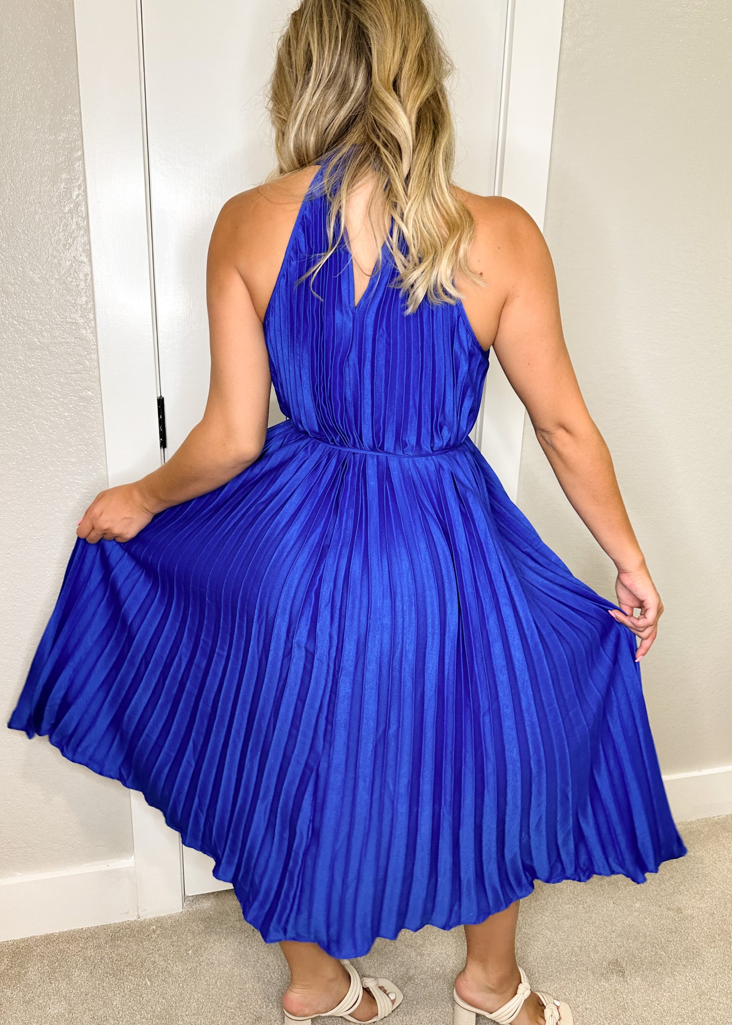 Royal Blue Pleated High Neck Waist Tie Midi Dress
