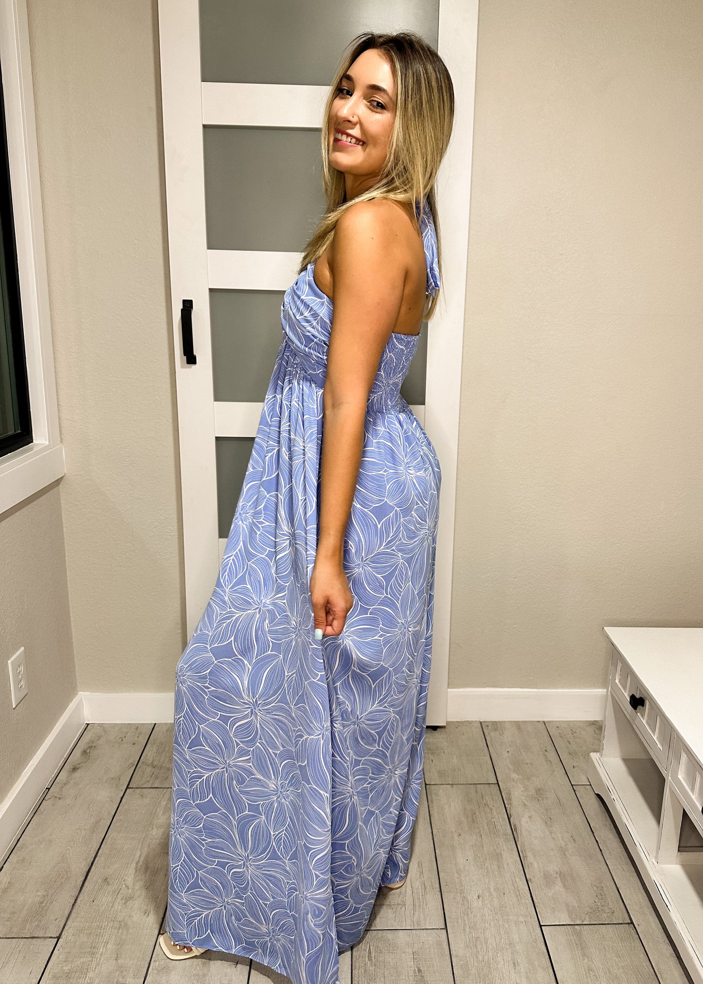 Summer Blue Floral Halter Maxi Dress
