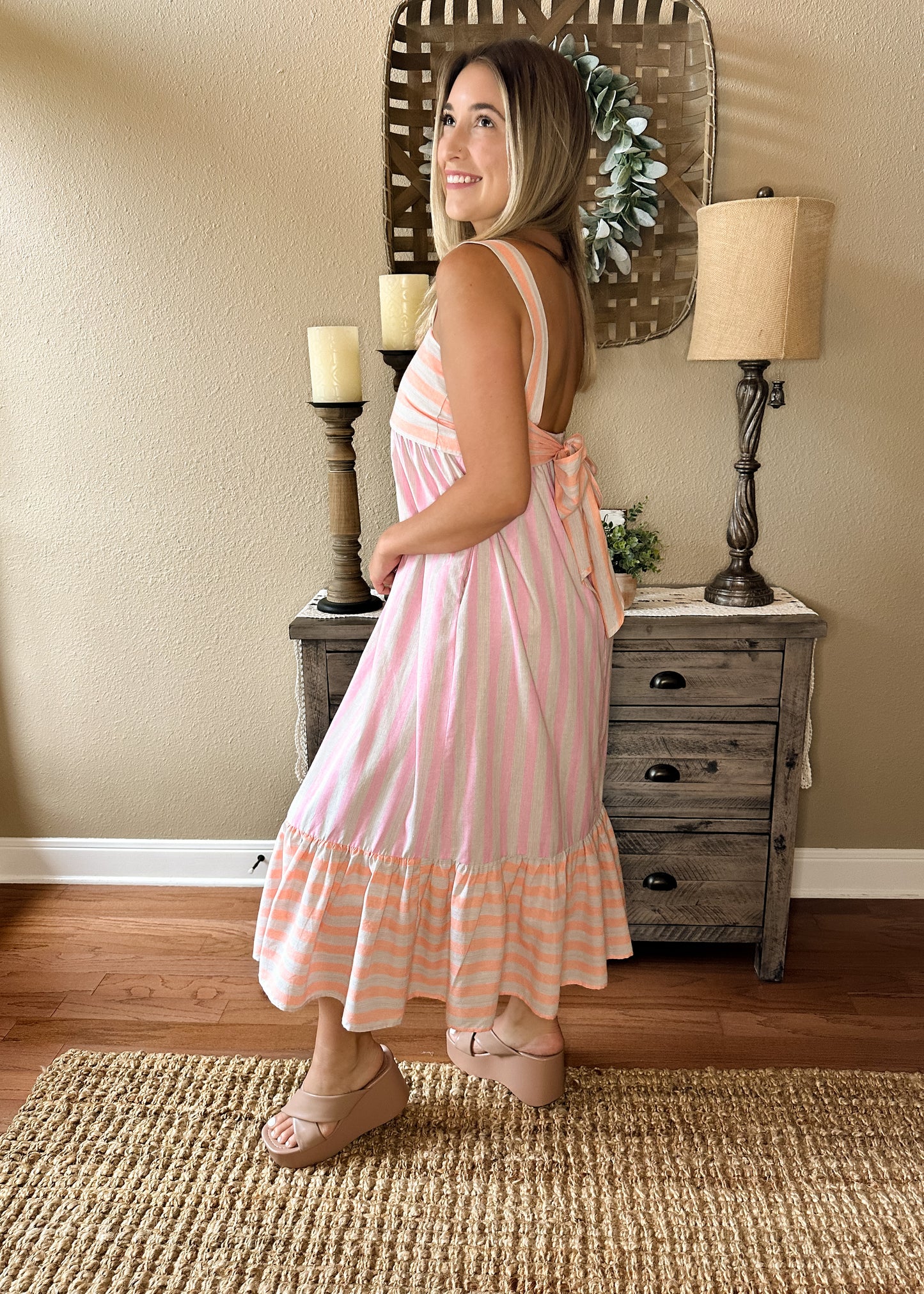 Pink & Orange Striped Colorblock Midi Dress