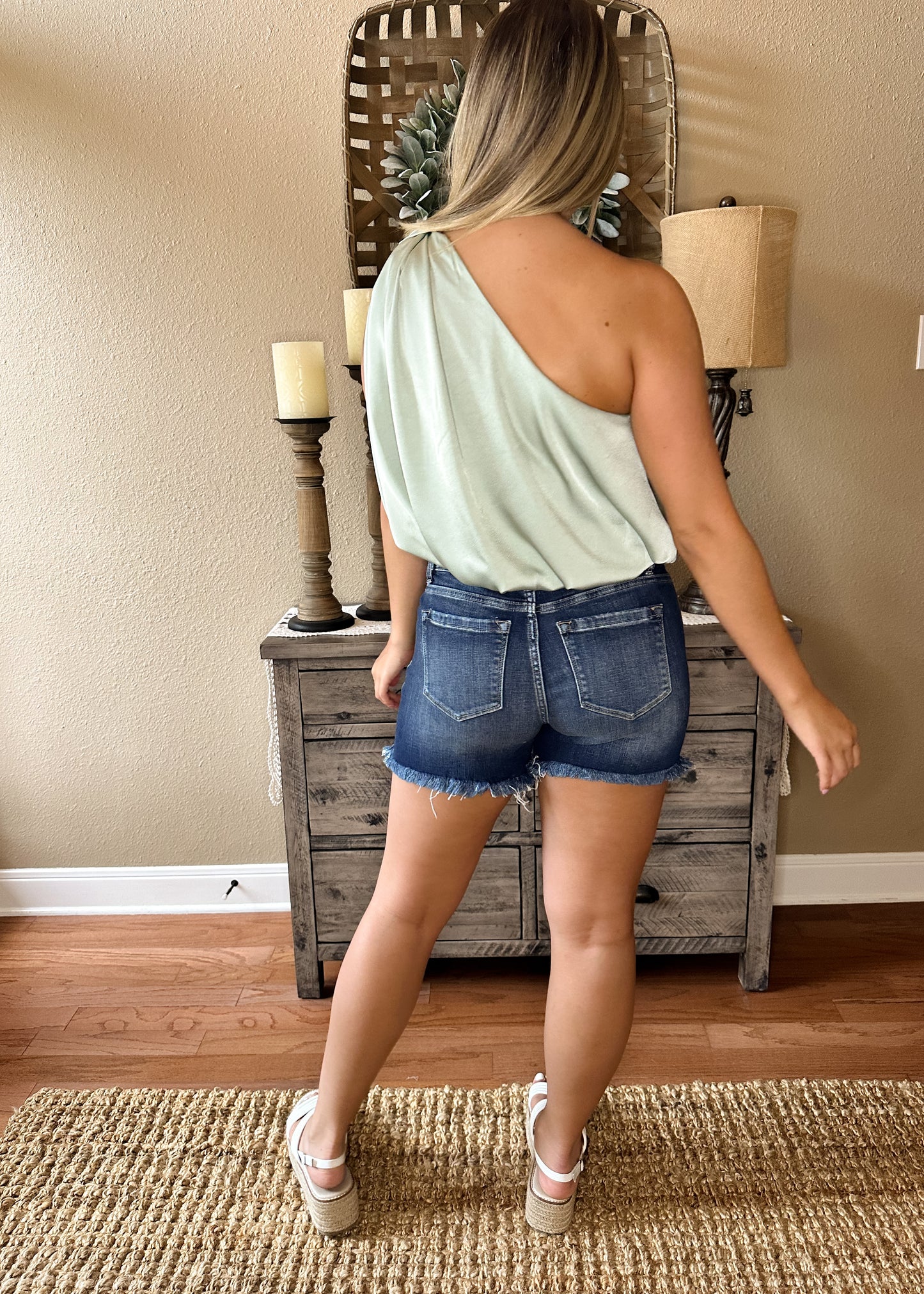 Light Sage Satin One Shoulder Bubble Hem Top