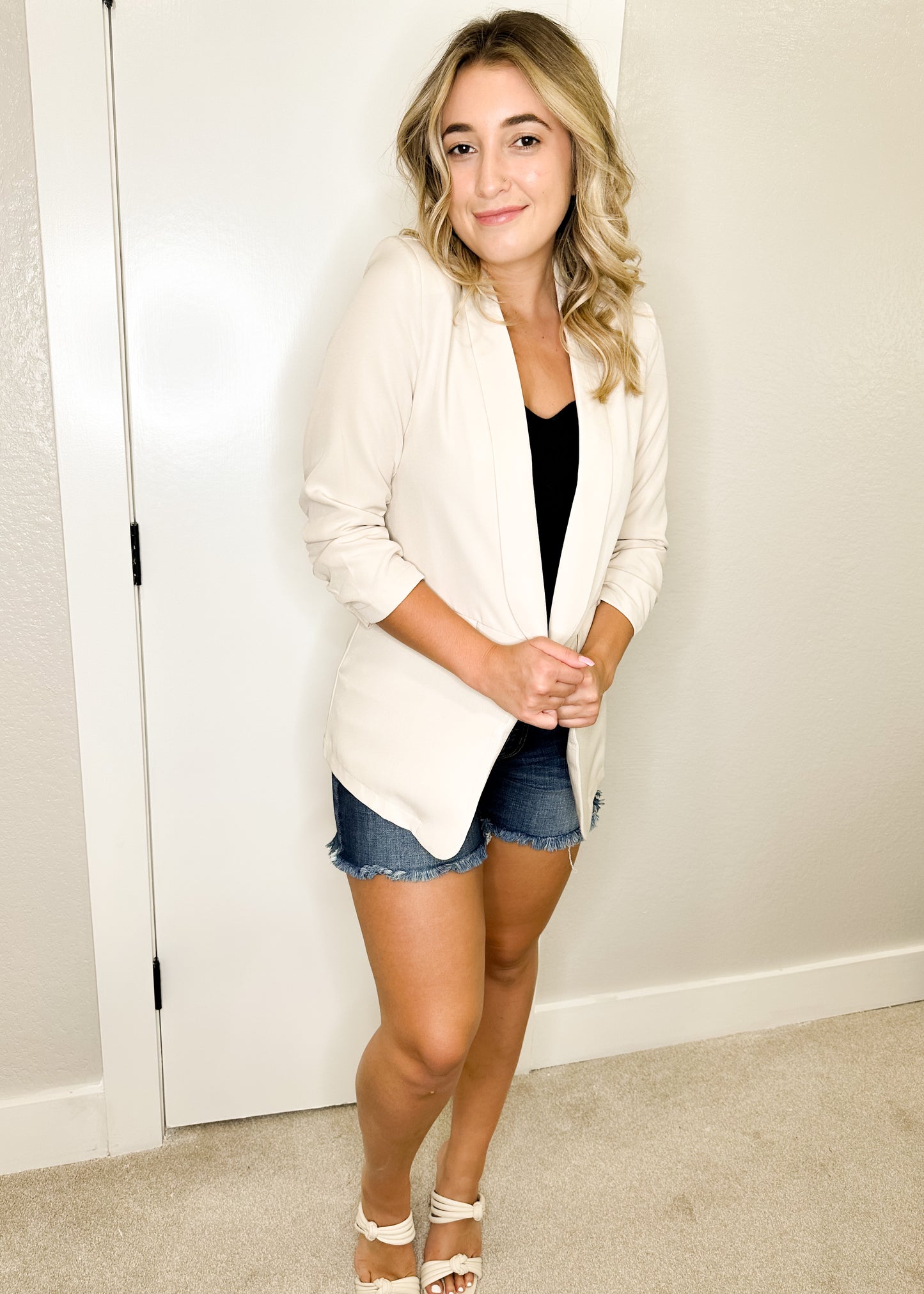 Oatmeal Ruched Sleeve Blazer