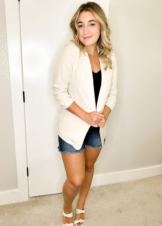 Oatmeal Ruched Sleeve Blazer