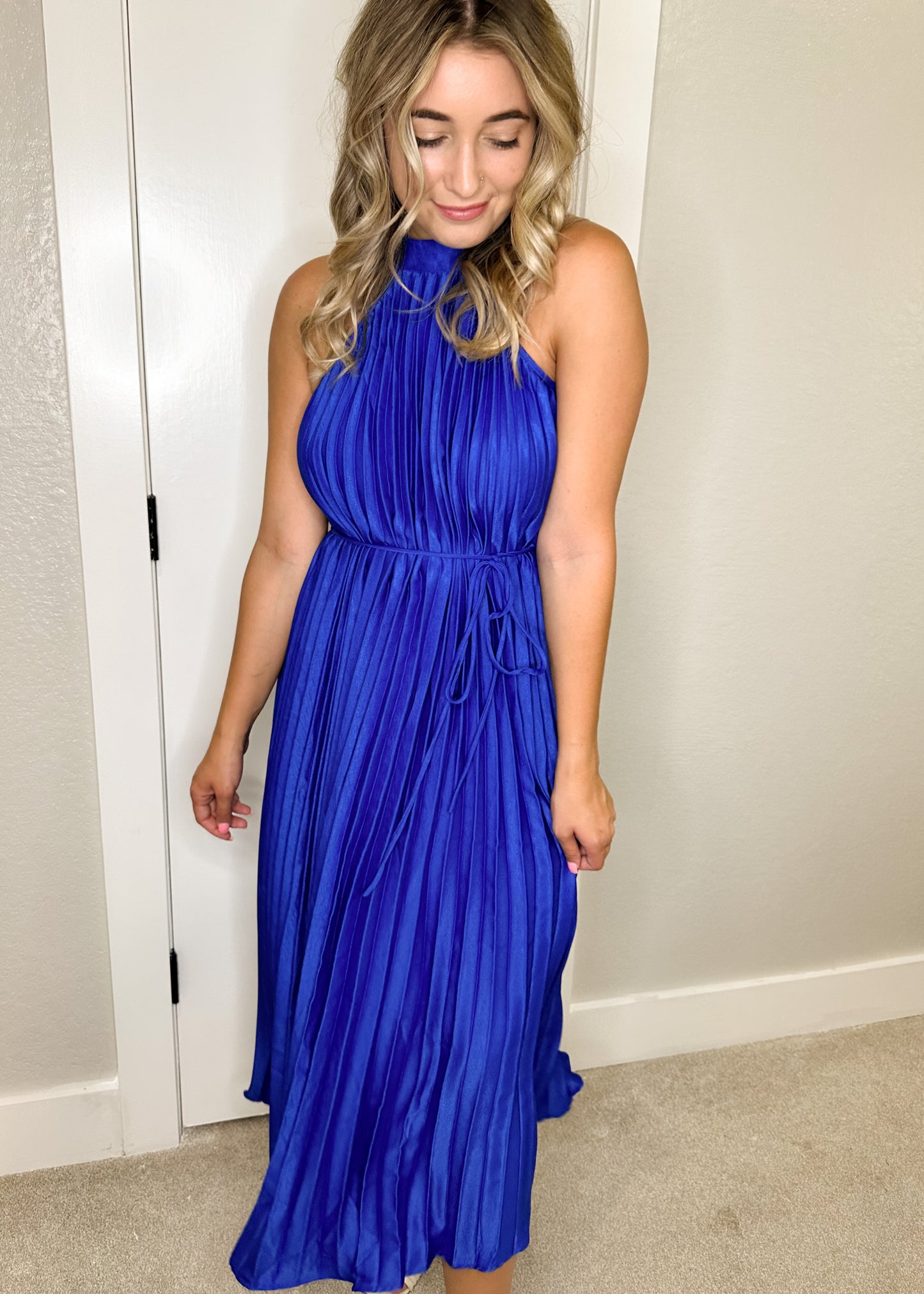 Royal Blue Pleated High Neck Waist Tie Midi Dress