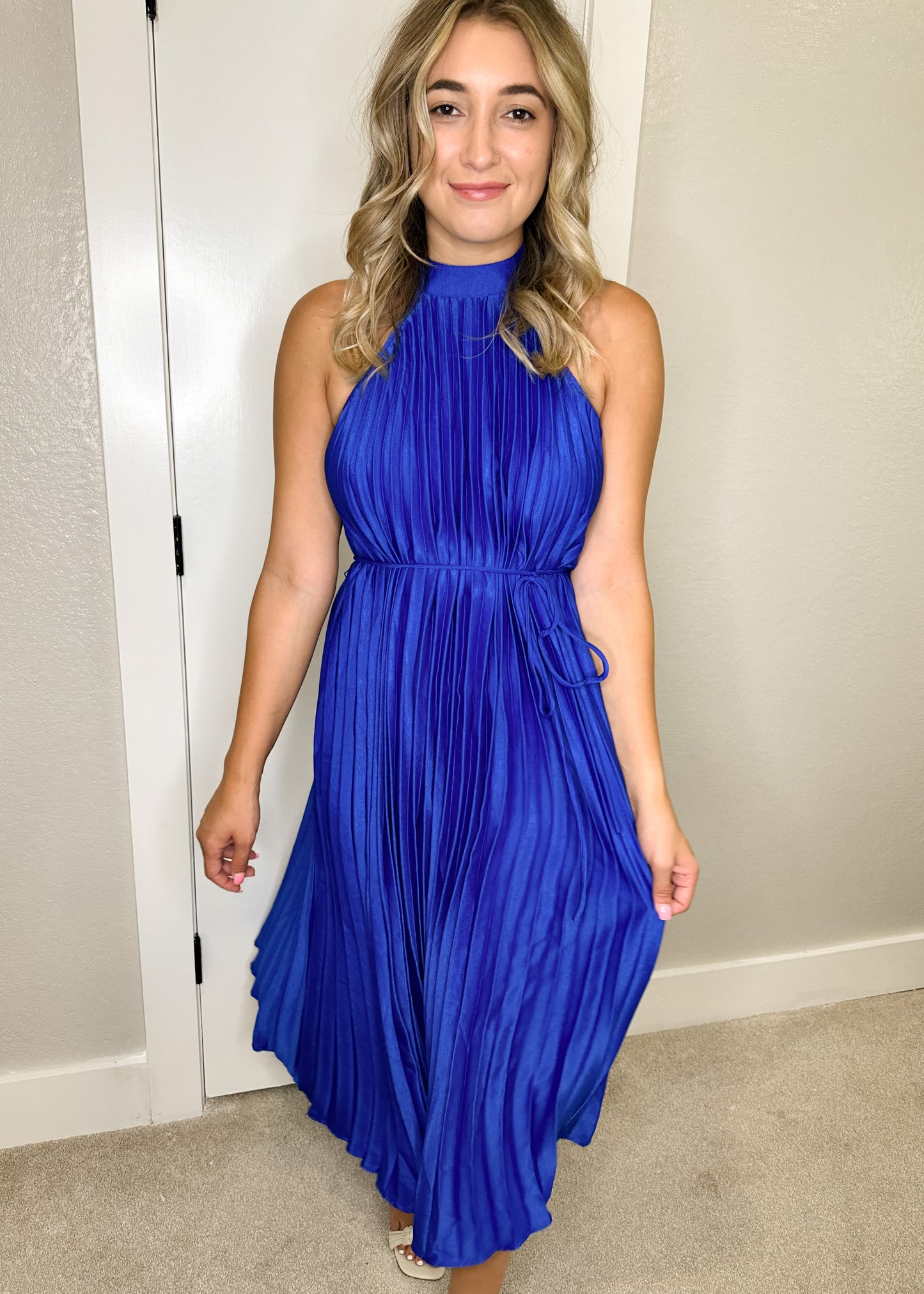 Royal Blue Pleated High Neck Waist Tie Midi Dress