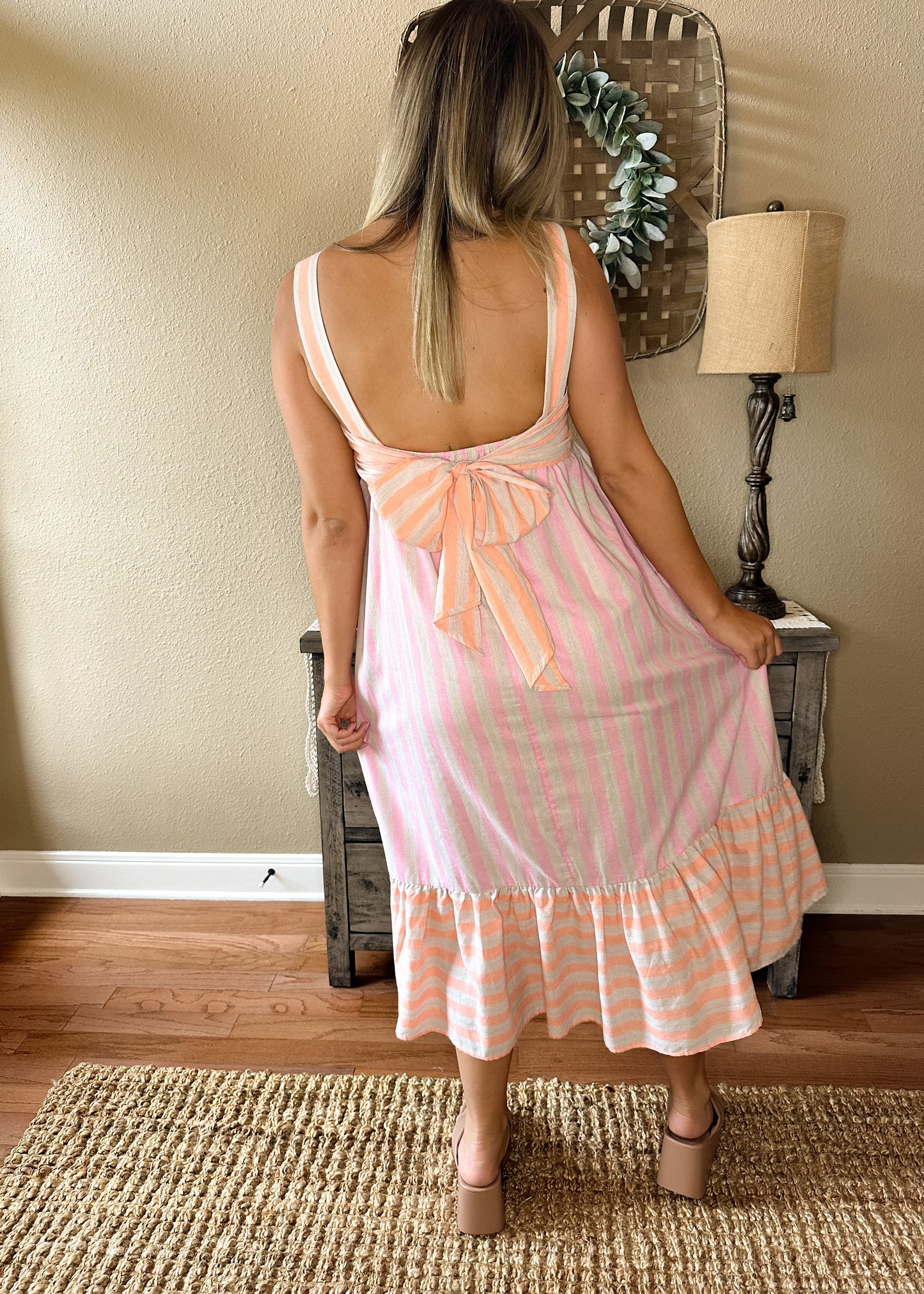 Pink & Orange Striped Colorblock Midi Dress