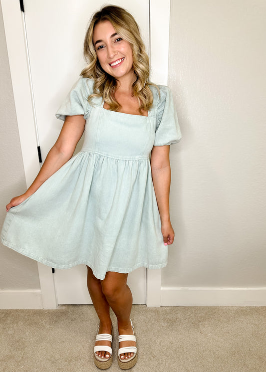 Blue Washed Denim Puff Sleeve Babydoll Dress