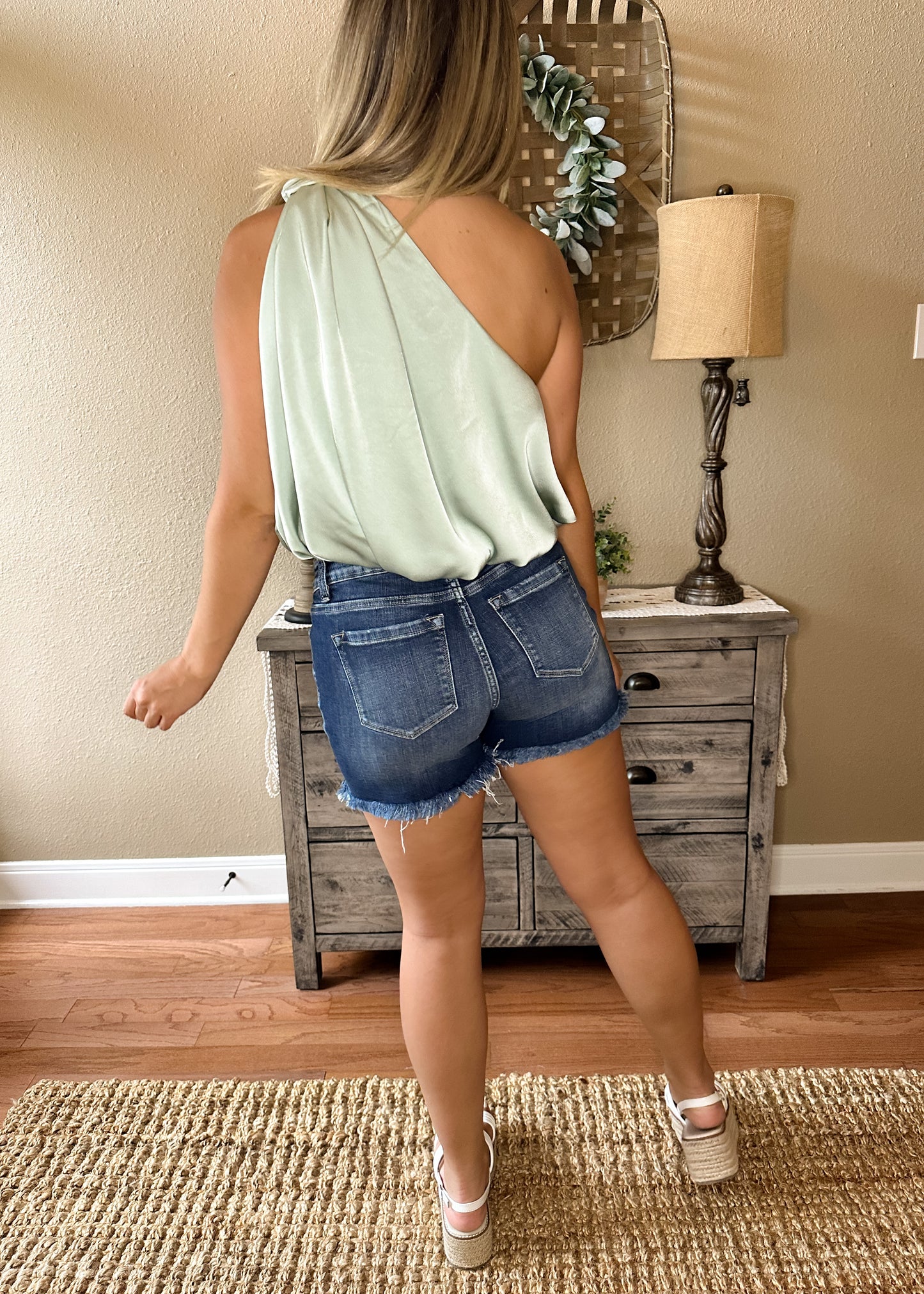 Light Sage Satin One Shoulder Bubble Hem Top